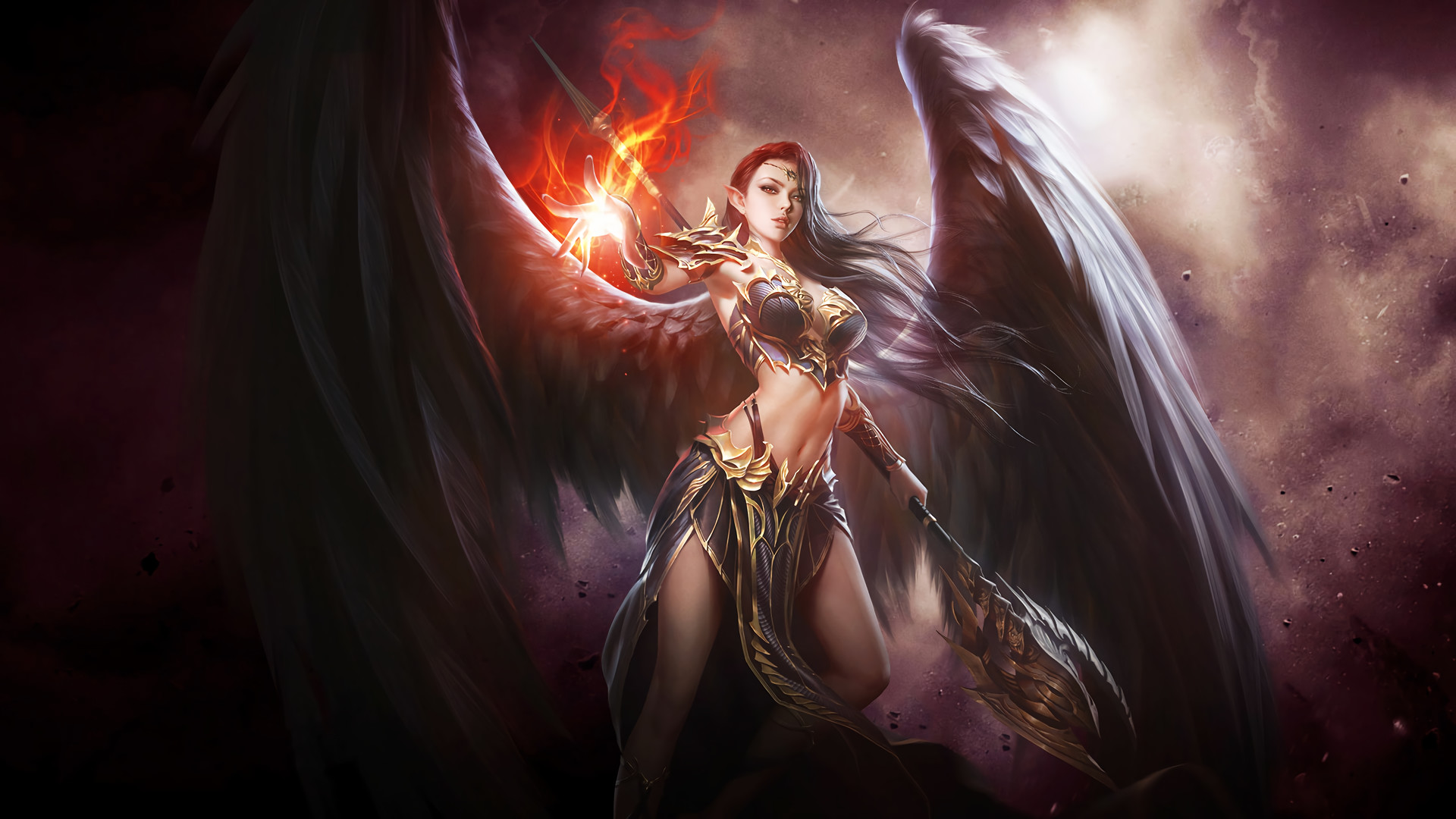 Guerriera alata, Angelo oscuro, Fuoco, Fantasy, 1920x1080, wallpaper desktop