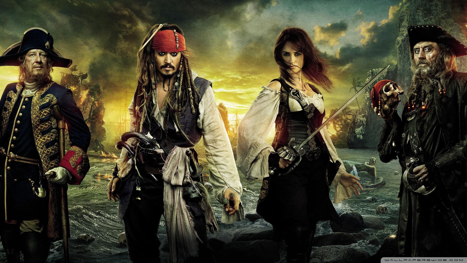 Pirati dei Caraibi: Oltre i confini del mare, Jack Sparrow, Johnny Depp, Angelica, Barbanera, Barbossa, sfondo per PC