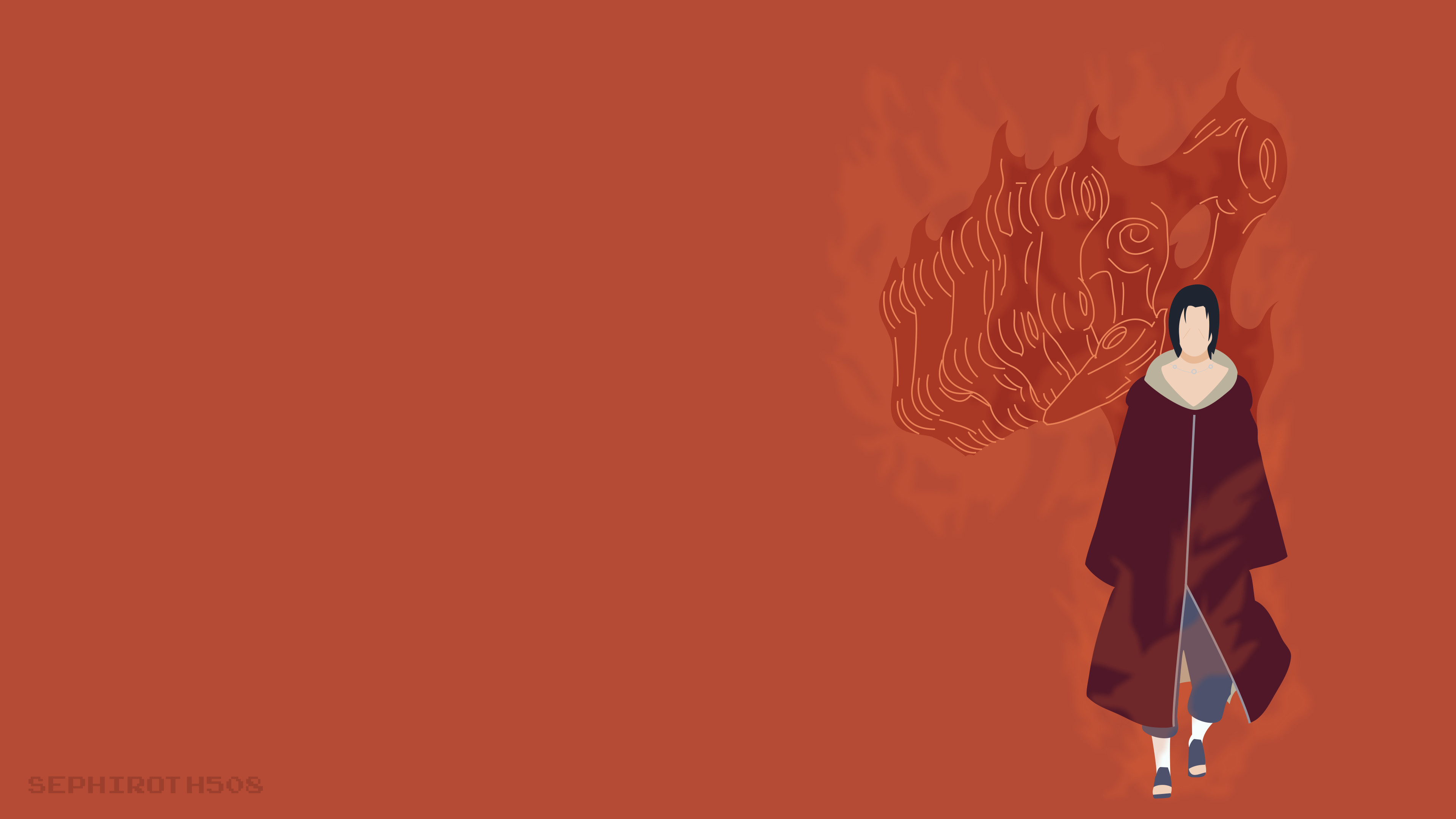 Itachi Uchiha, Akatsuki, Minimalismo, Sfondo arancione, 4K, wallpaper per computer