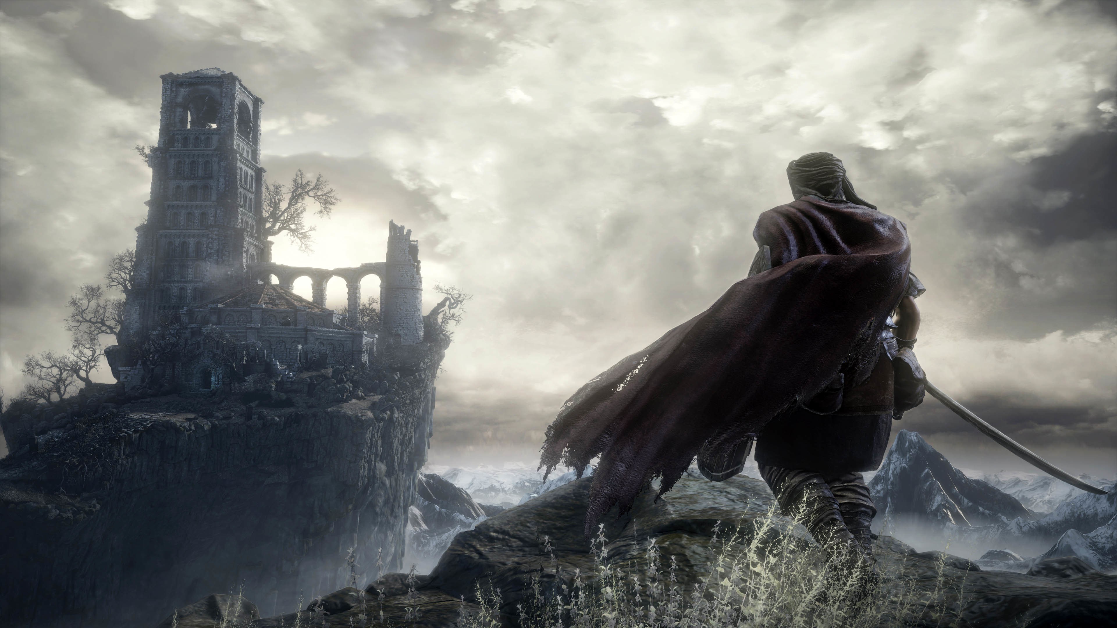 Dark Souls III, Guerriero, Rovine, Cielo nuvoloso, 3840x2160, sfondo per PC