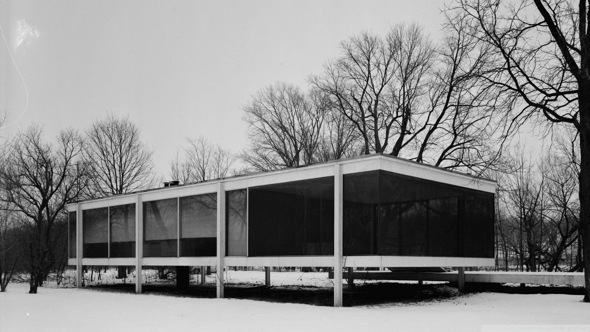 Farnsworth House, Ludwig Mies van der Rohe, Architettura moderna, Inverno, Bianco e nero, Alberi spogli, sfondo desktop