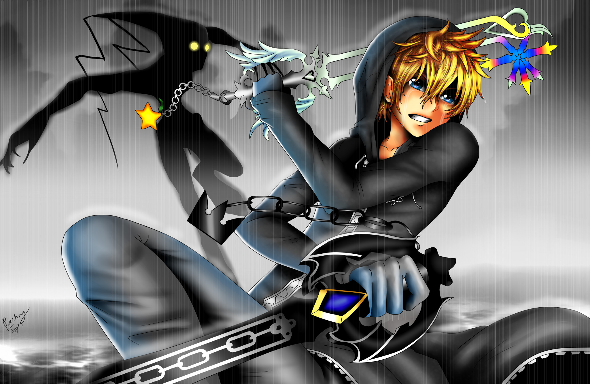 Kingdom Hearts, Roxas, Keyblade, Bianco e nero, Full HD, sfondo Windows 11