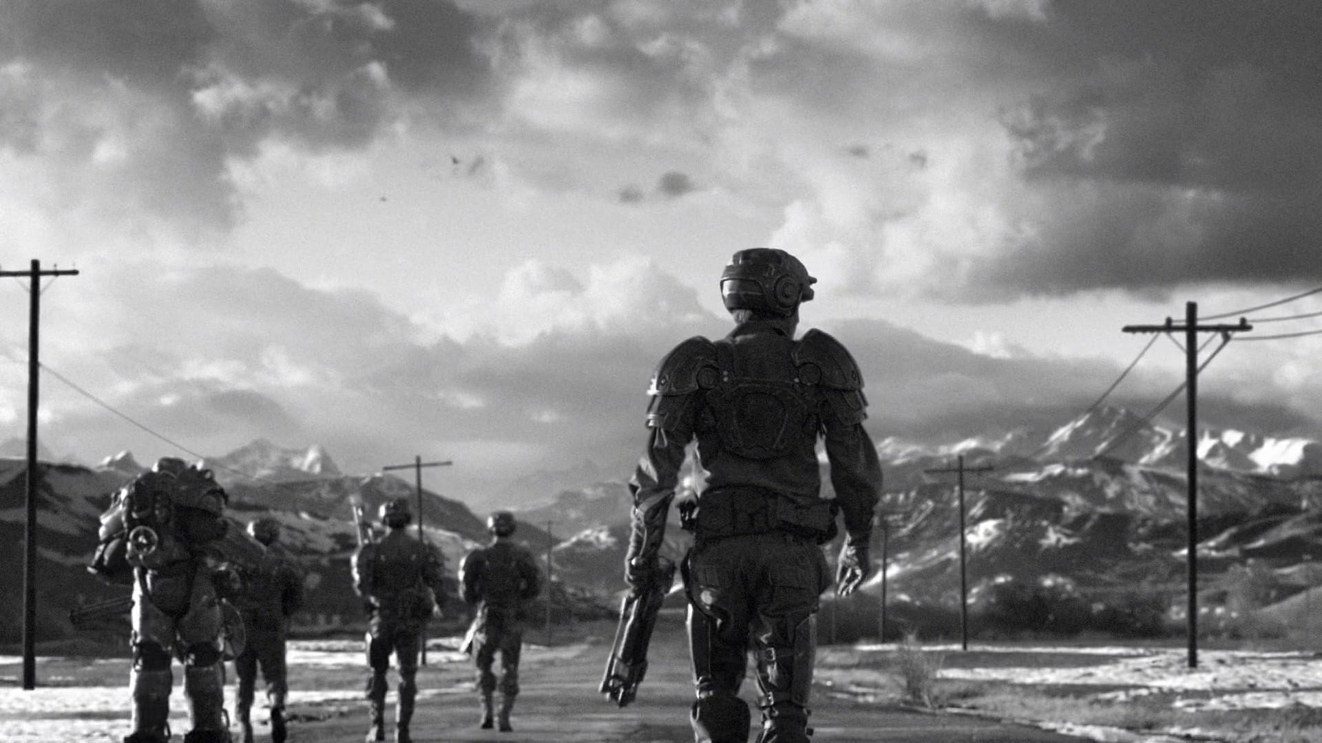 Fallout 4, Armatura atomica, Bianco e nero, Strada, Full HD, sfondo Windows 11