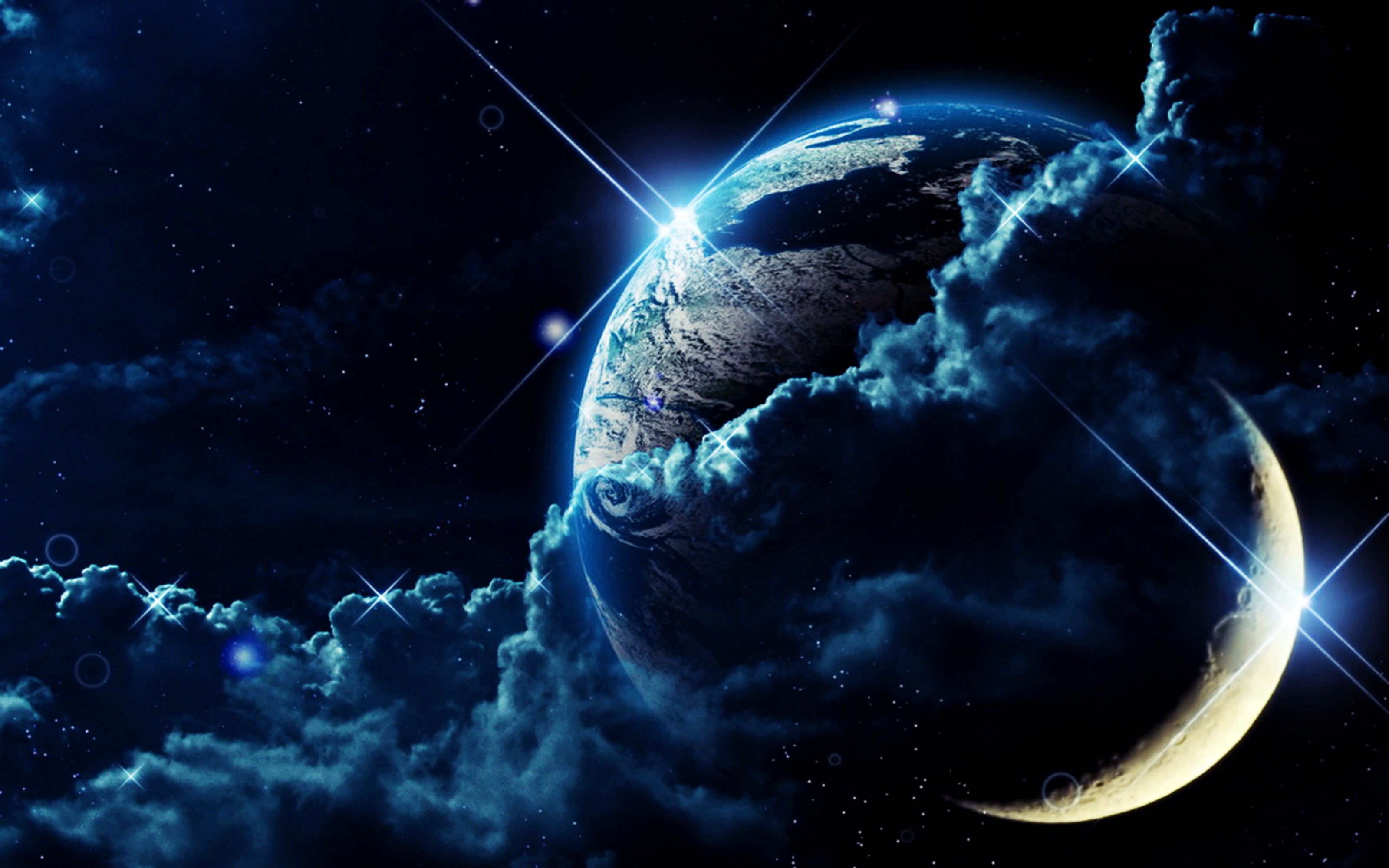 Pianeta, Luna crescente, Nuvole, Spazio, 3200x2000, sfondo MacBook Pro
