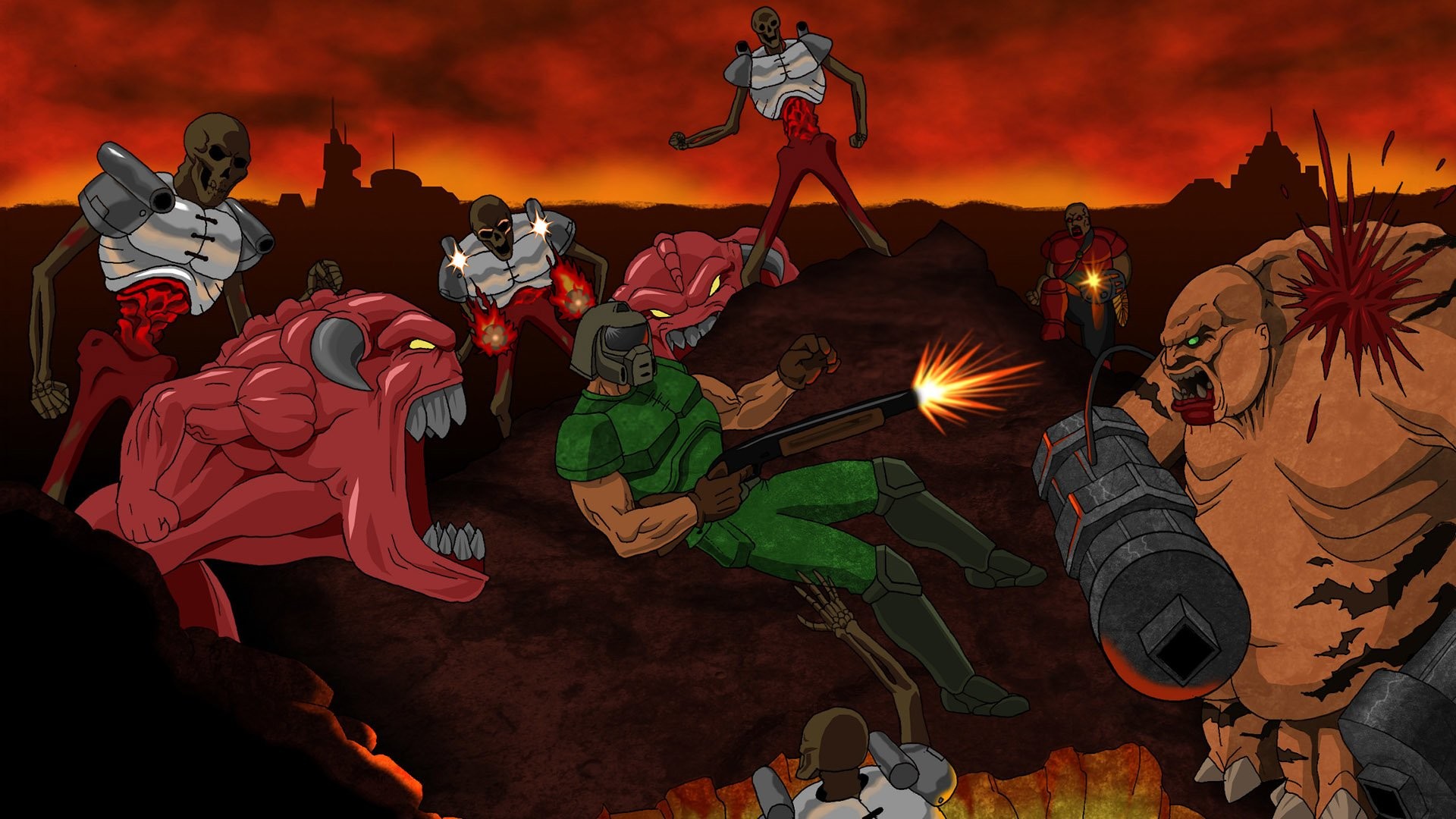 Doomguy, Doom (1993), Cacodemon, Mancubus, Fumetto, 1920x1080, sfondo per PC
