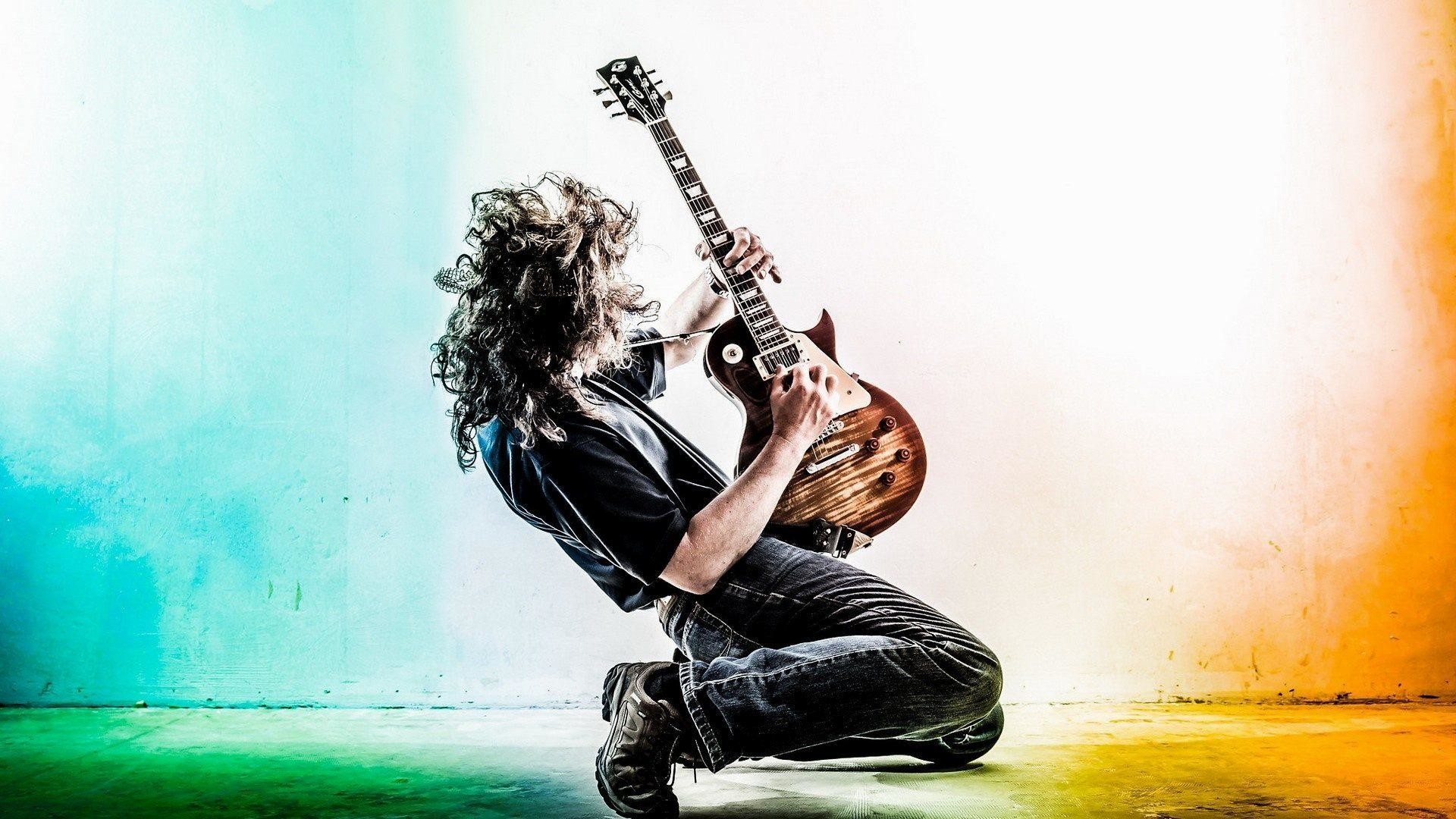 Chitarrista, Gibson Les Paul, Assolo, Luce azzurra, Full HD, sfondo desktop