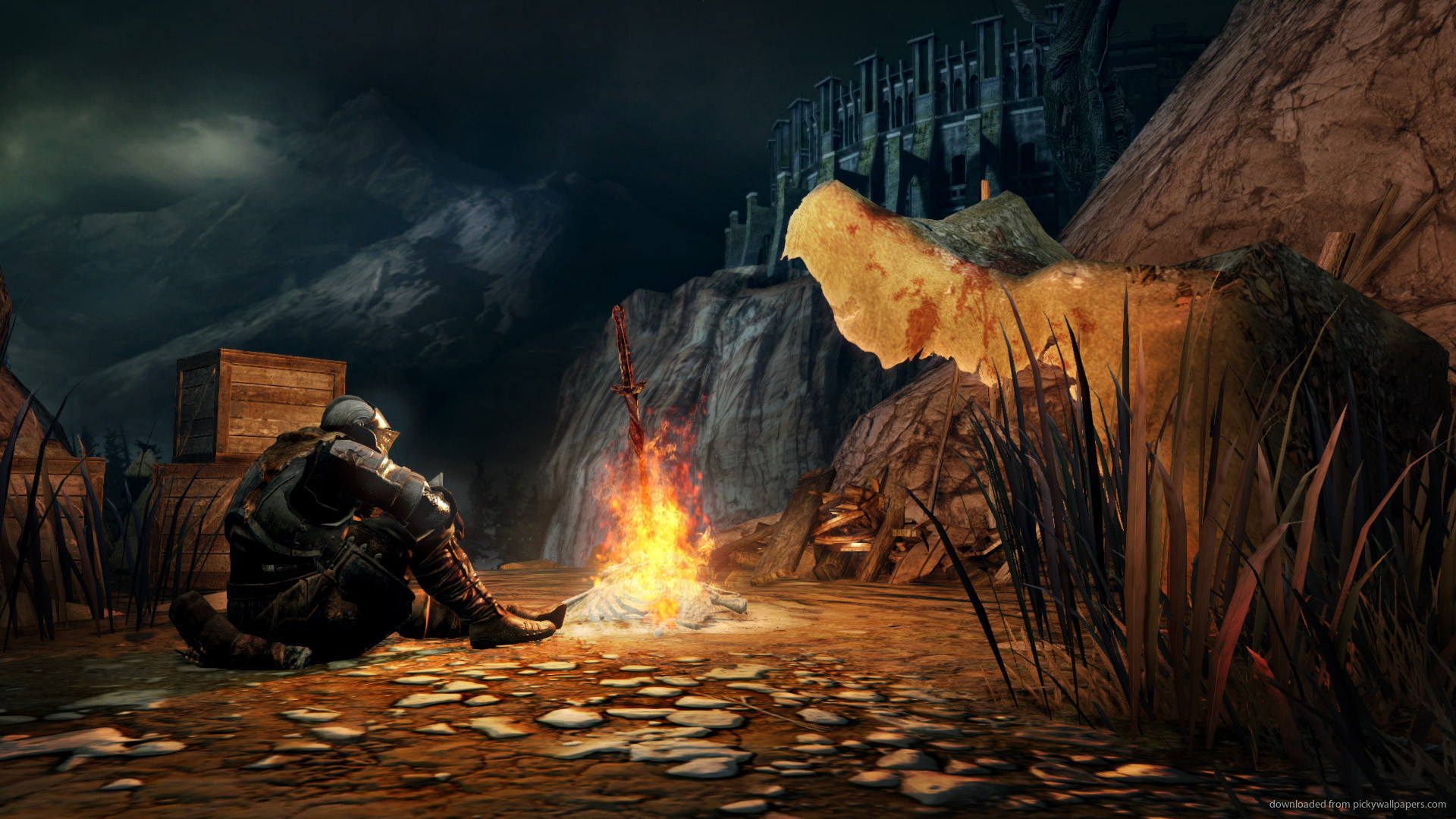 Dark Souls II, Falò, Cavaliere seduto, Rovine, 1920x1080, sfondo per PC