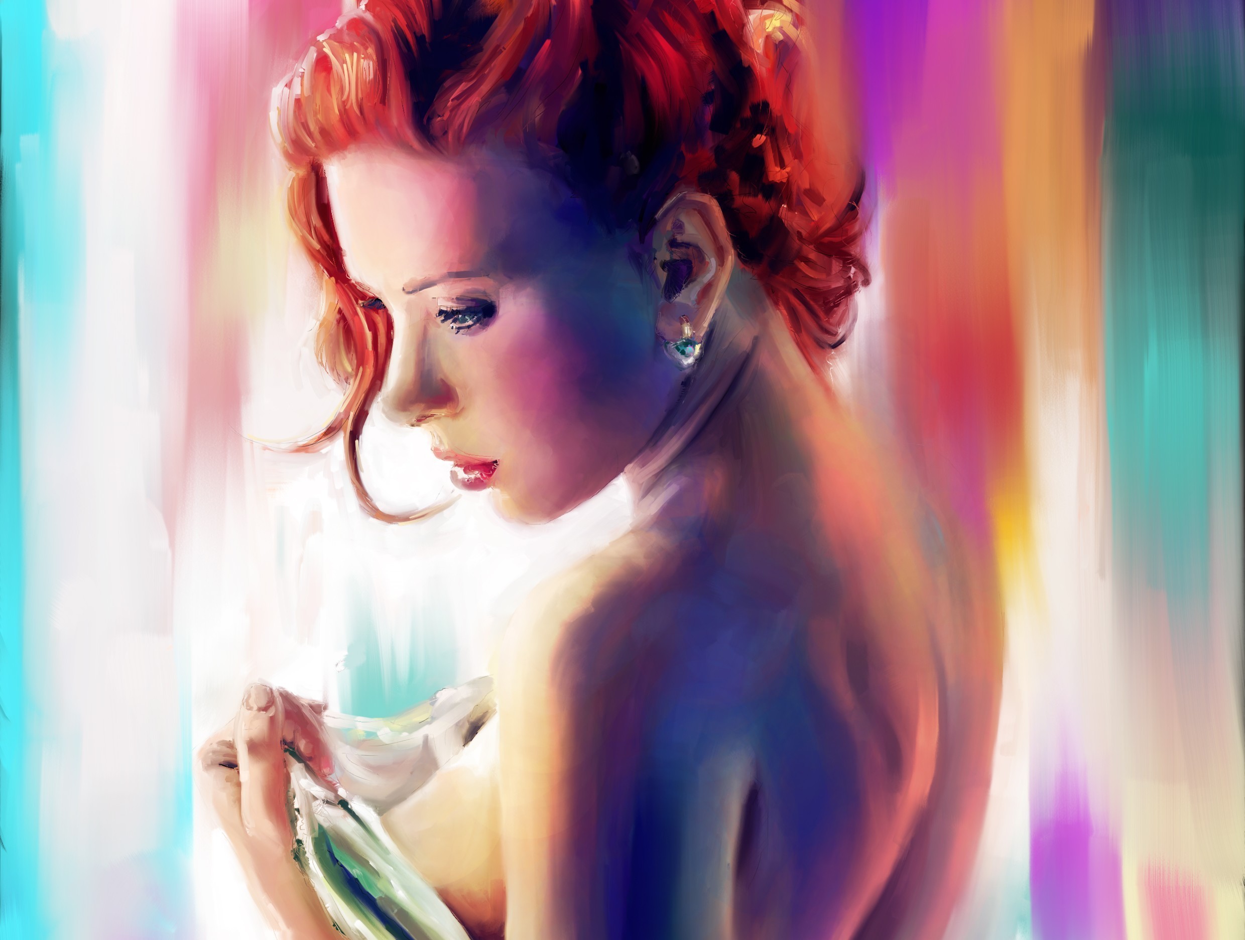 Scarlett Johansson, Pittura digitale, Capelli rossi, Colorato, Full HD, sfondo per iPad e tablet