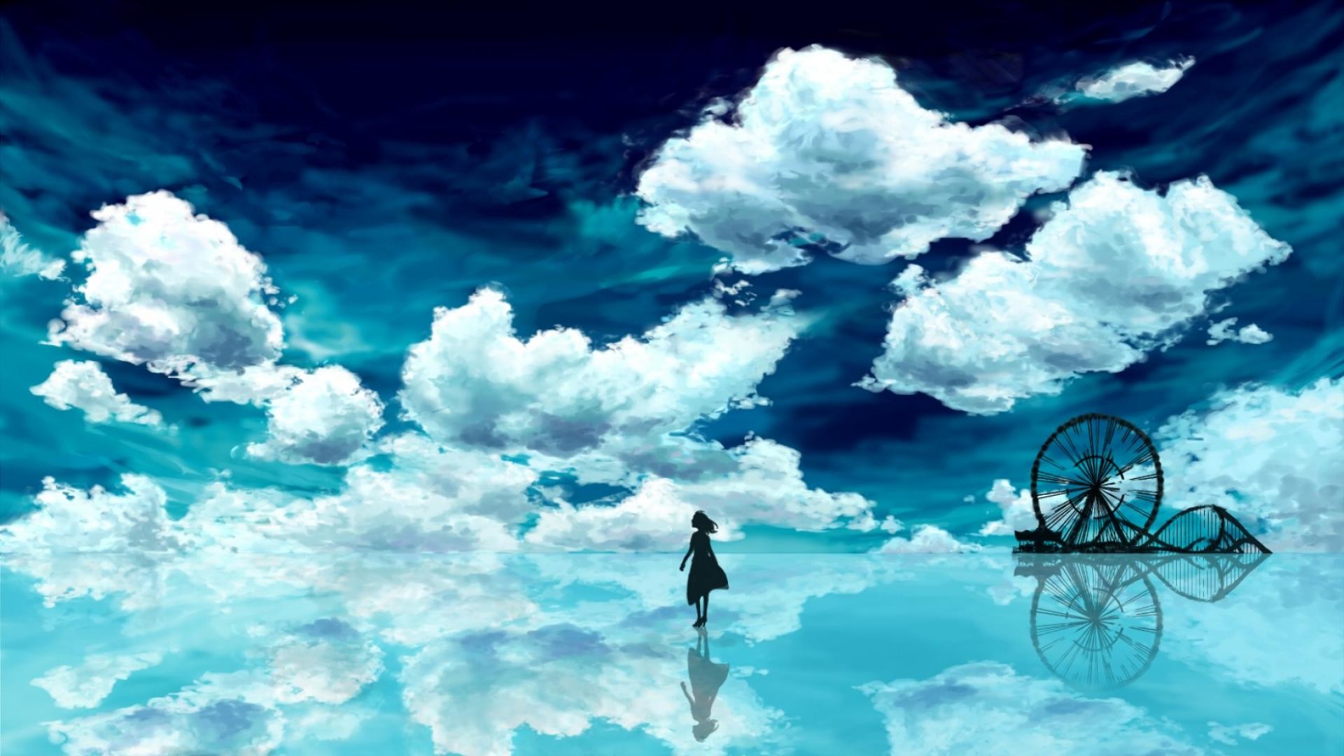 Cielo, Nuvole, Riflesso, Paesaggio anime, Full HD, sfondo per portatile