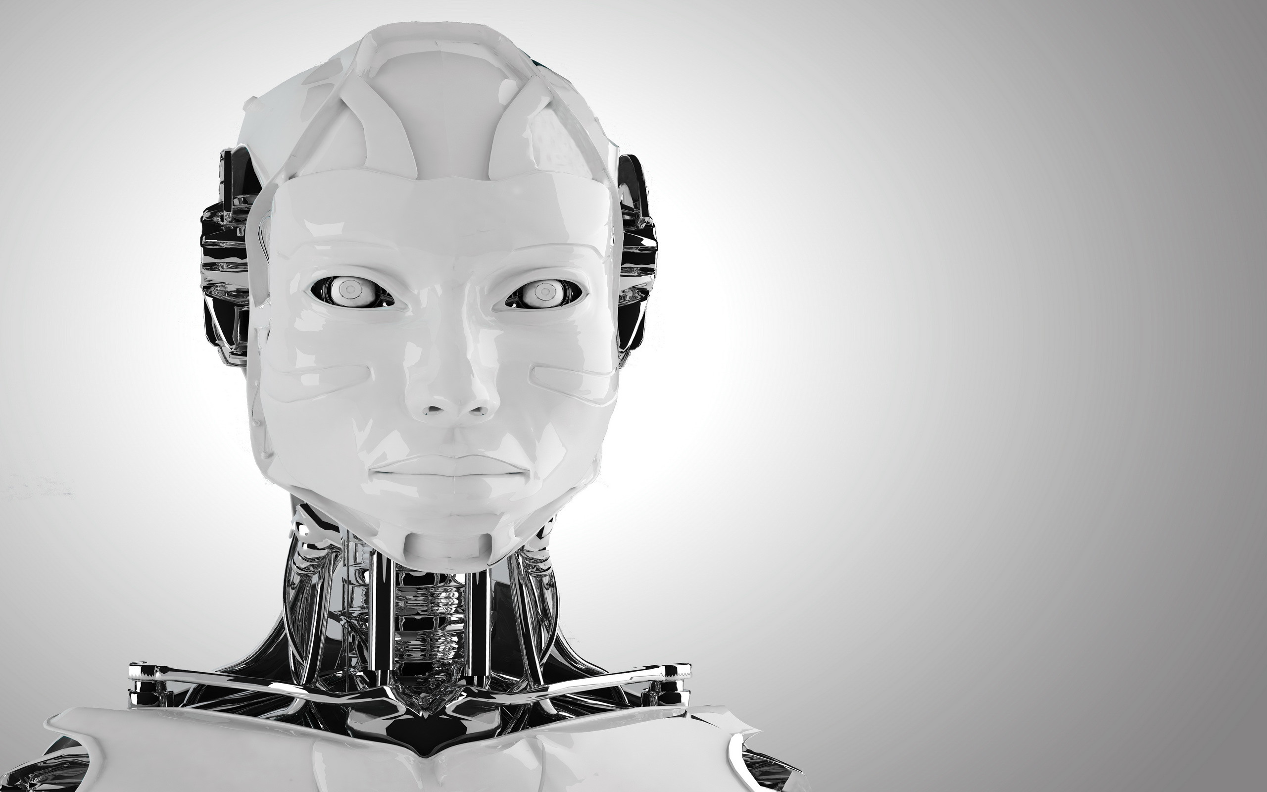 Androide, Volto robotico, Sfondo bianco, Rendering 3D, 2560x1600, wallpaper desktop