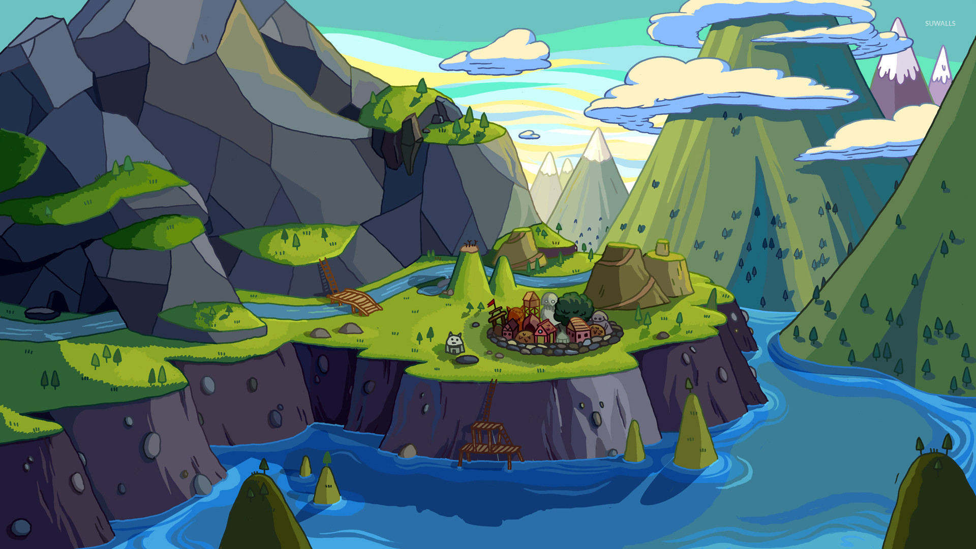 Adventure Time, Terra di Ooo, Fiume, Montagne, 1920x1080, immagine di sfondo