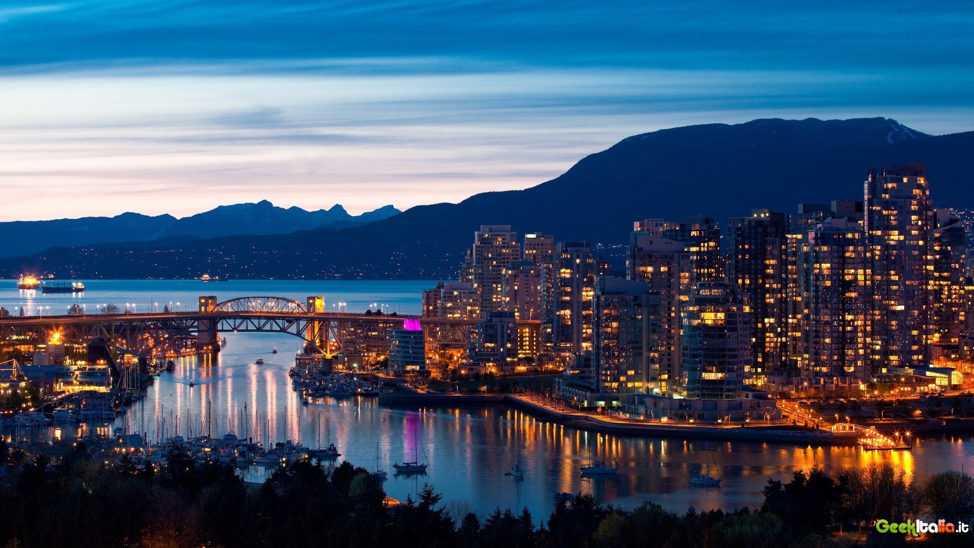 Vancouver, Canada, Skyline, Città di notte, Crepuscolo, Full HD, sfondo per il tuo desktop