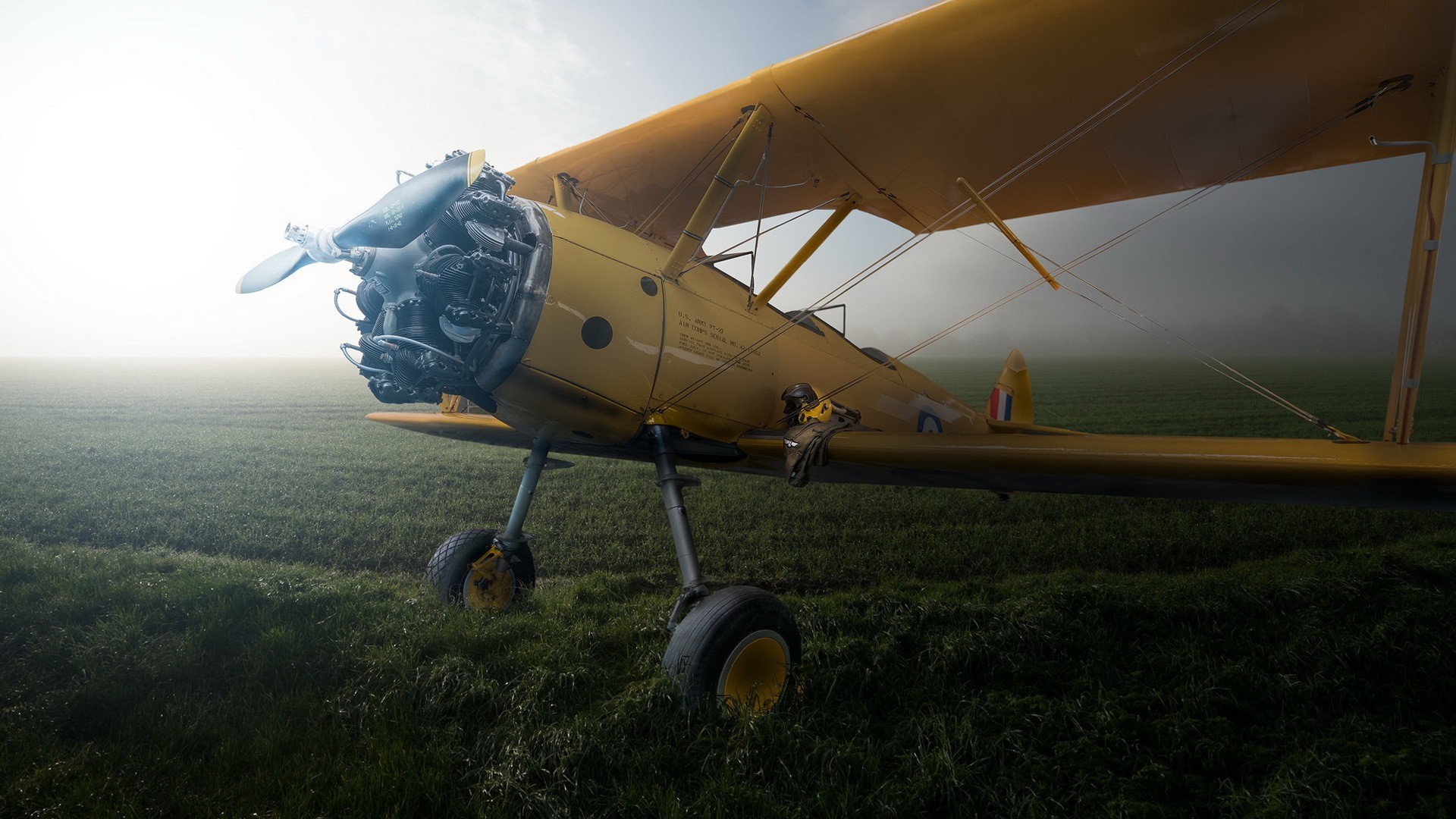 Boeing Stearman, Biplano, Prato, Nebbia, Full HD, wallpaper per computer