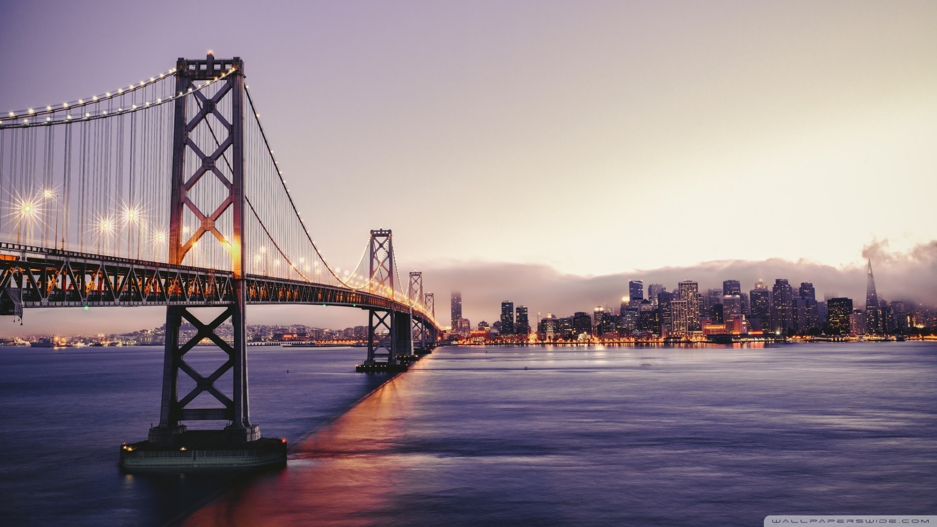 Bay Bridge, San Francisco, Skyline, Tramonto, Full HD, sfondo per portatile