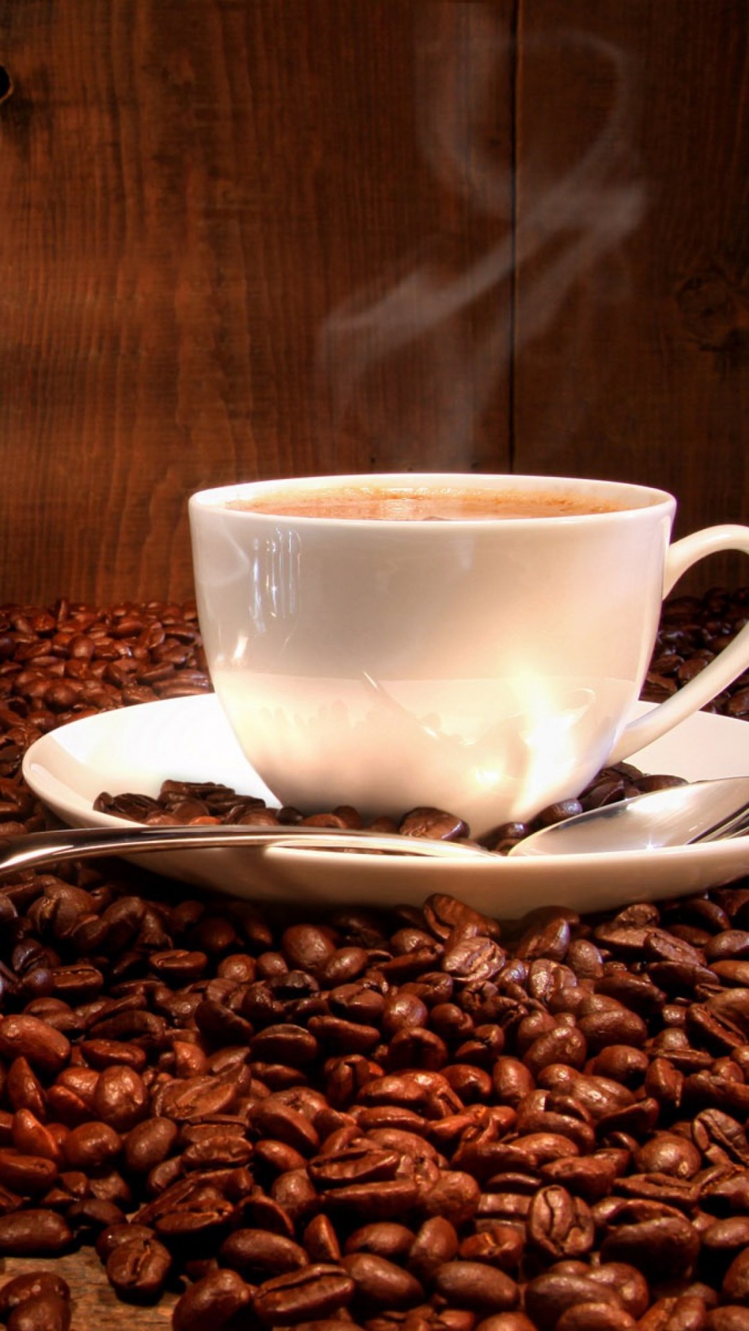Tazza di caffè, Chicchi di caffè, Vapore, Legno, Full HD, wallpaper per smartphone