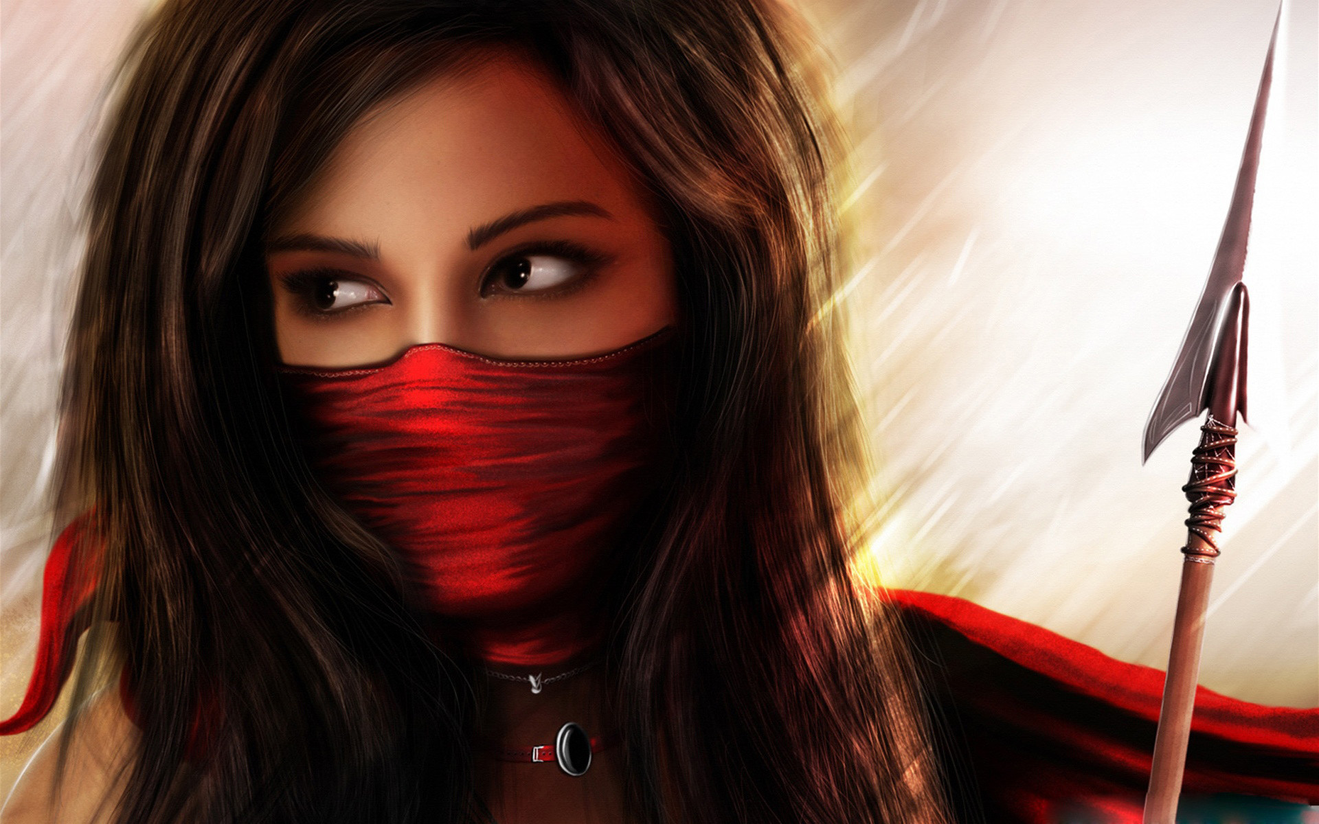 Guerriera, Maschera rossa, Lancia, Arte digitale, Full HD, sfondo Windows 11