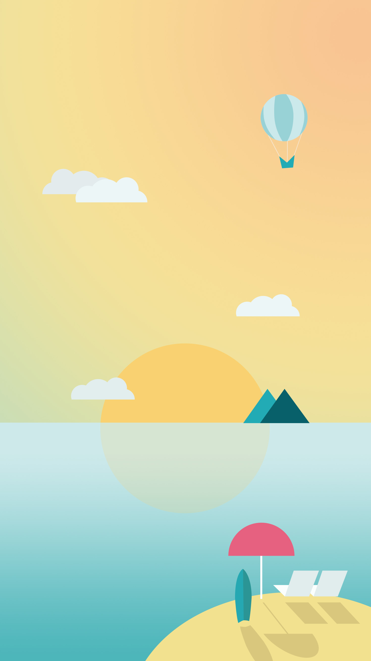 Spiaggia, Mongolfiera, Ombrellone, Illustrazione minimal, QHD+, sfondo per smartphone
