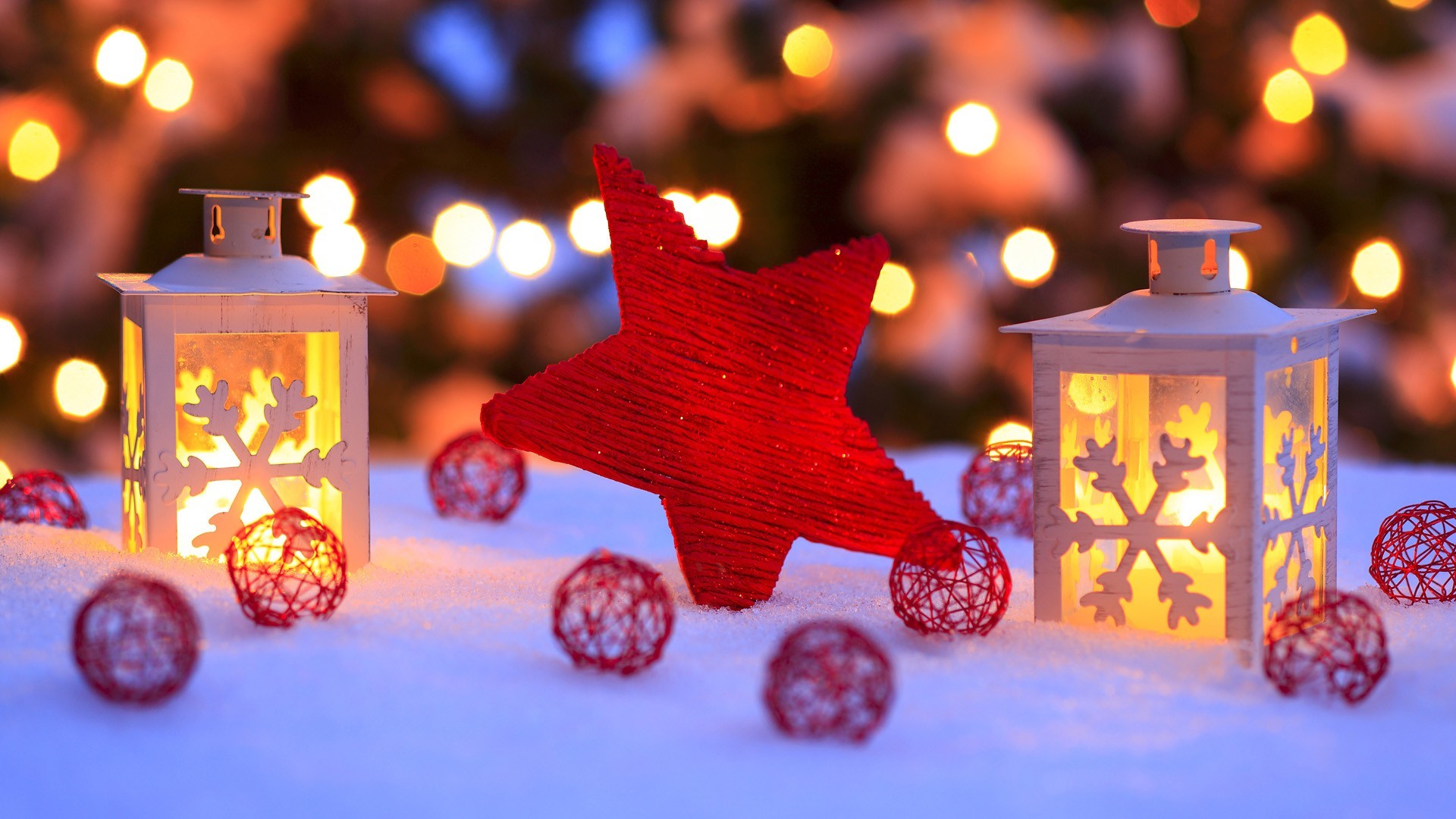 Lanterne, Stella rossa, Decorazioni natalizie, Neve, Bokeh, 1920x1080, immagine di sfondo