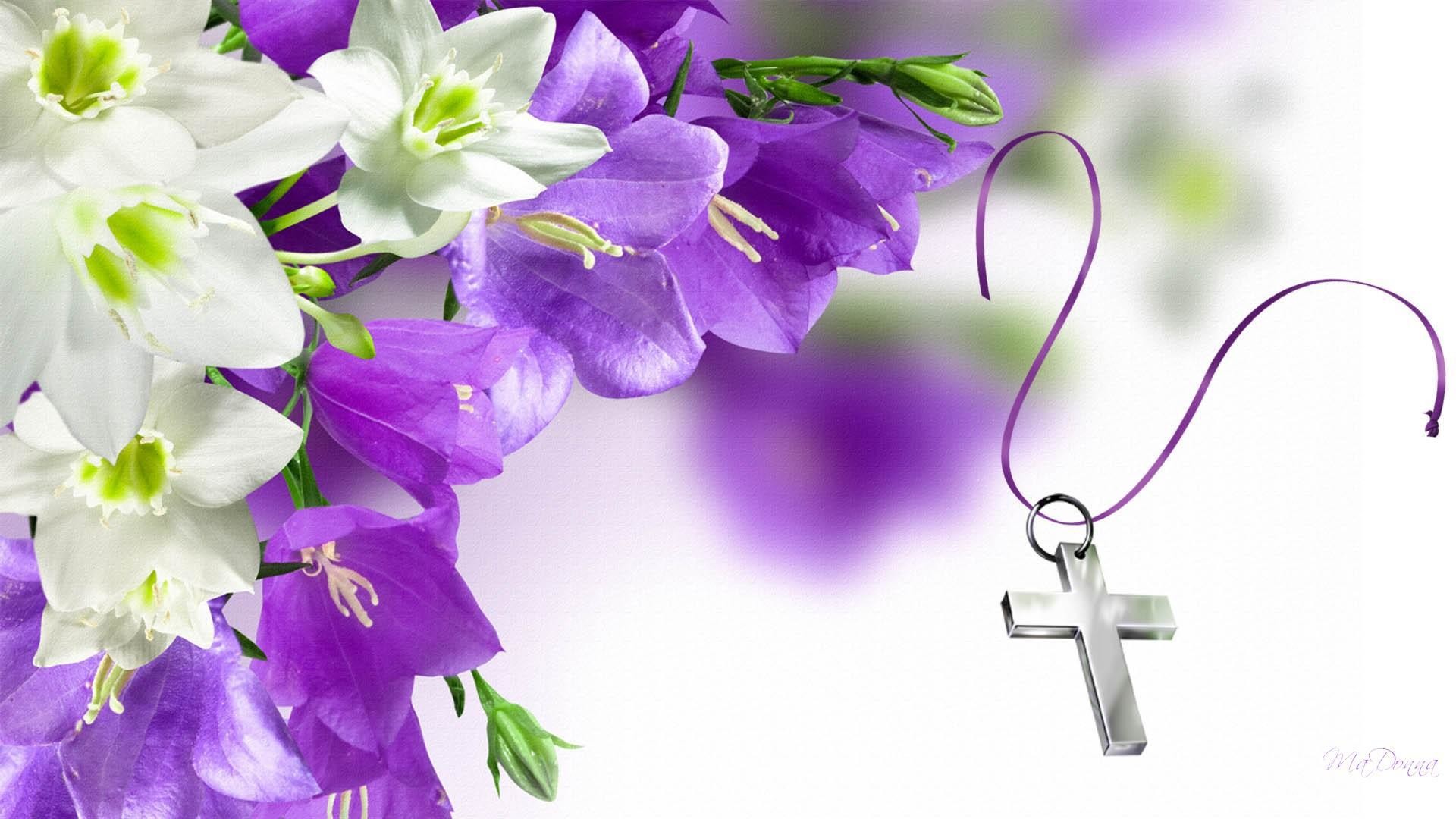 Croce, Campanule, Gigli, Viola, 16:9 Full HD, wallpaper widescreen