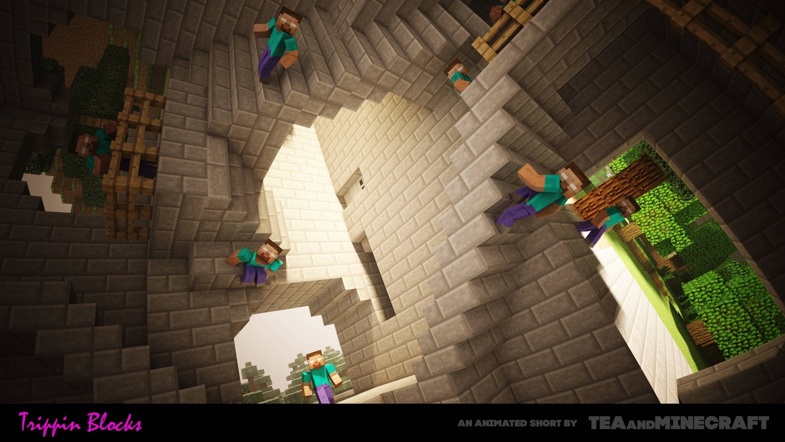 Trippin Blocks, Minecraft, Steve, Caverna, 16:9 2K, sfondo widescreen