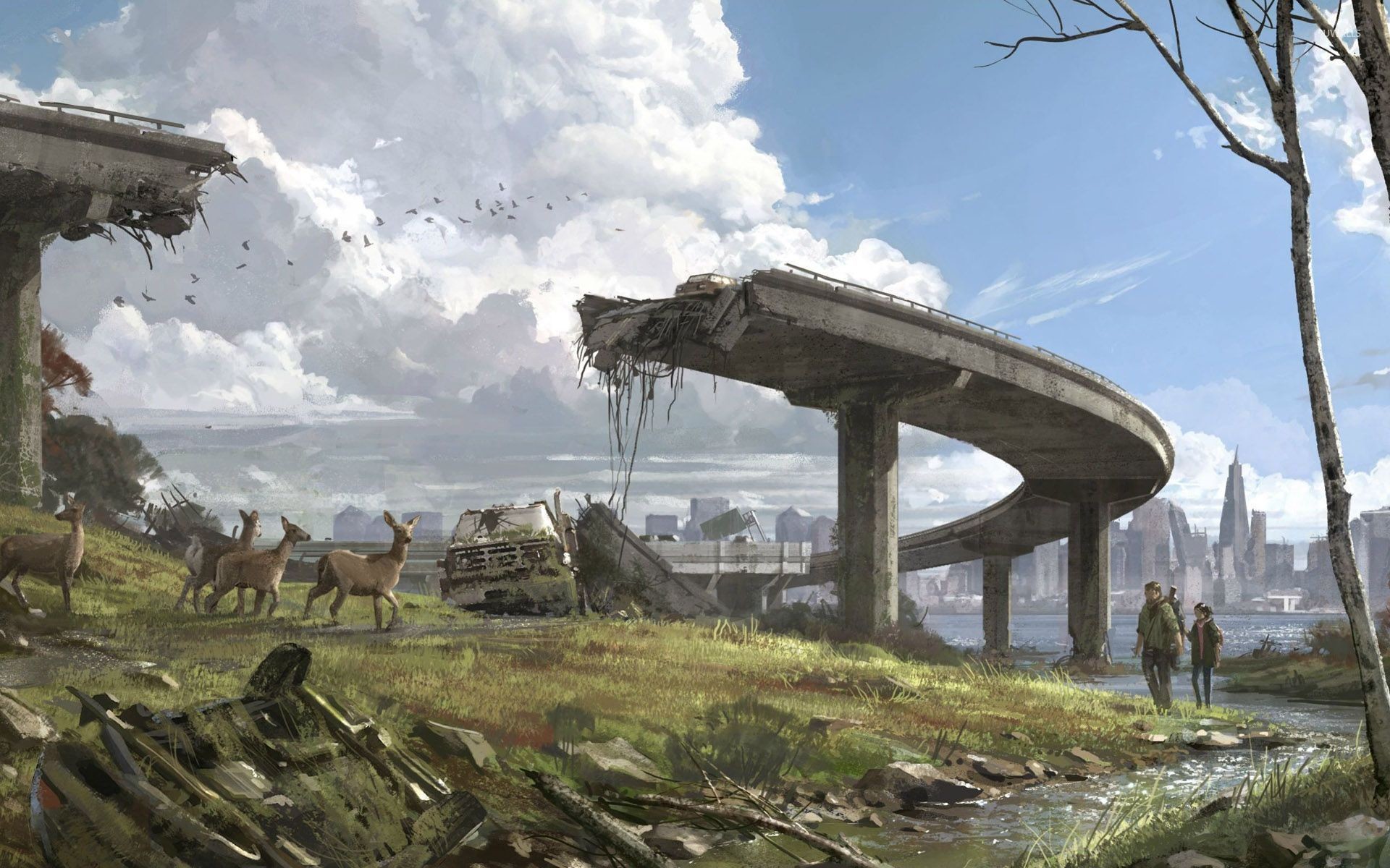 The Last of Us, Joel, Ellie, Cervi, Cavalcavia crollato, Concept art, sfondo Full HD per portatile