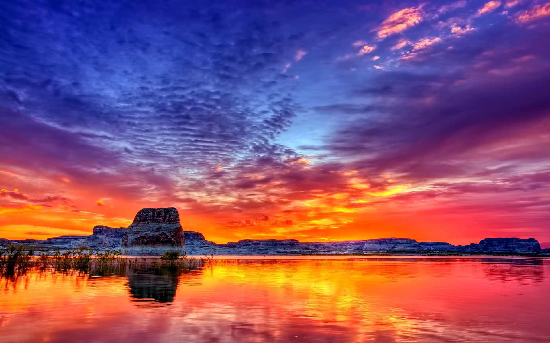 Tramonto, Lago, Nuvole, Riflesso, Blu e rosso, 1920x1200, immagine di sfondo