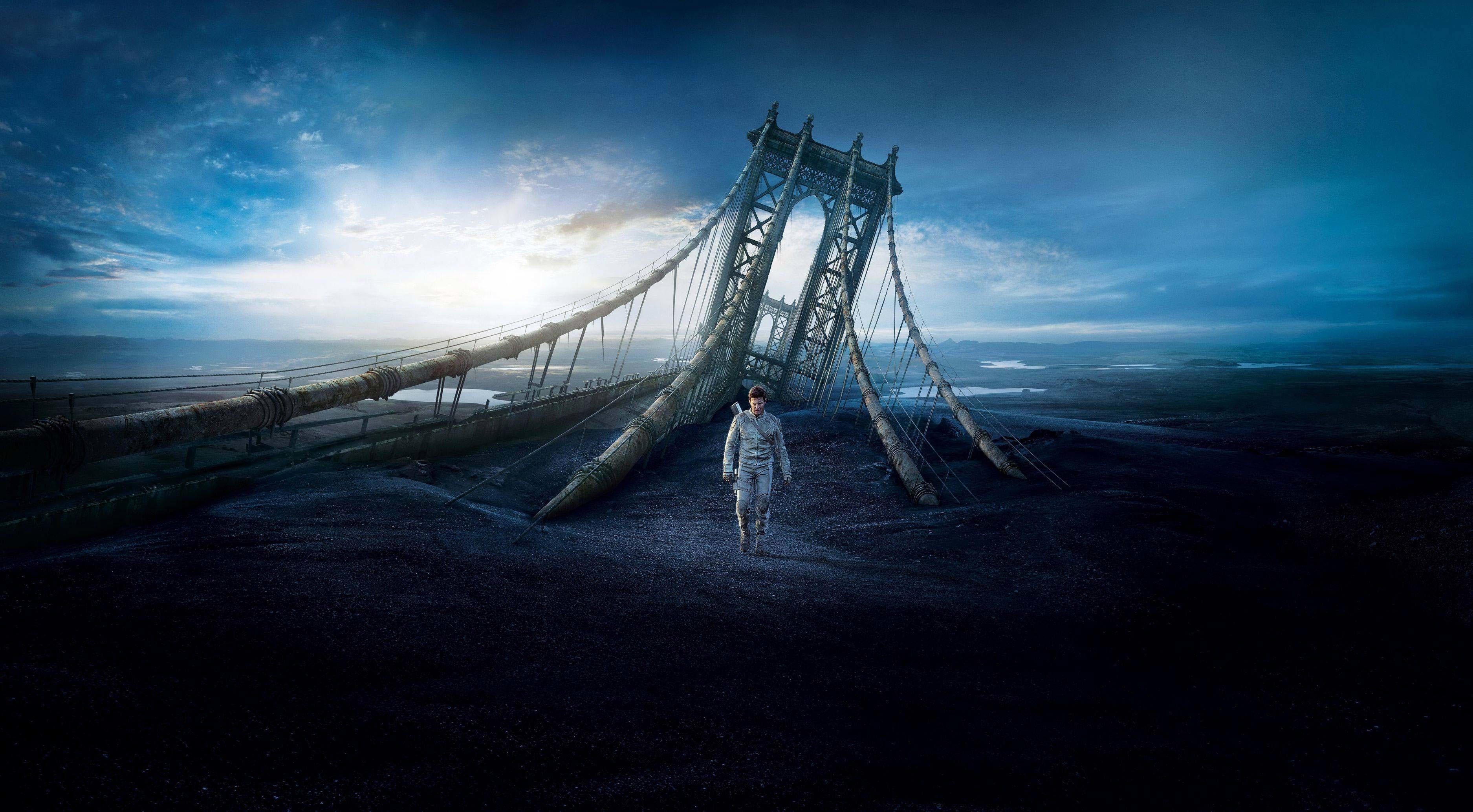 Ponte in rovina, Mare, Astronauta, Arte surreale, 2K, wallpaper per computer