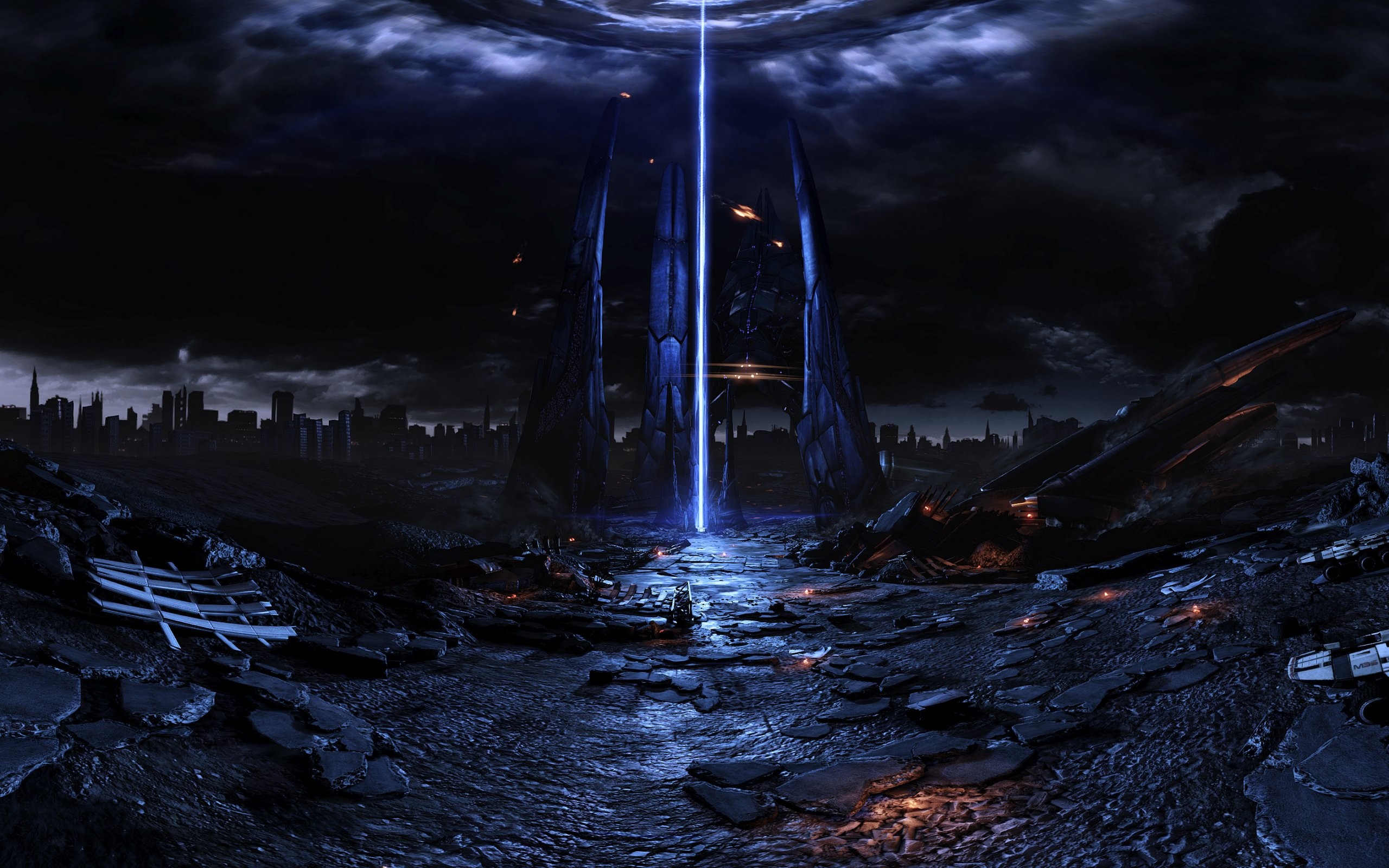 Mass Effect 3, Mietitore, Città distrutta, Notte, 2K, sfondo per PC