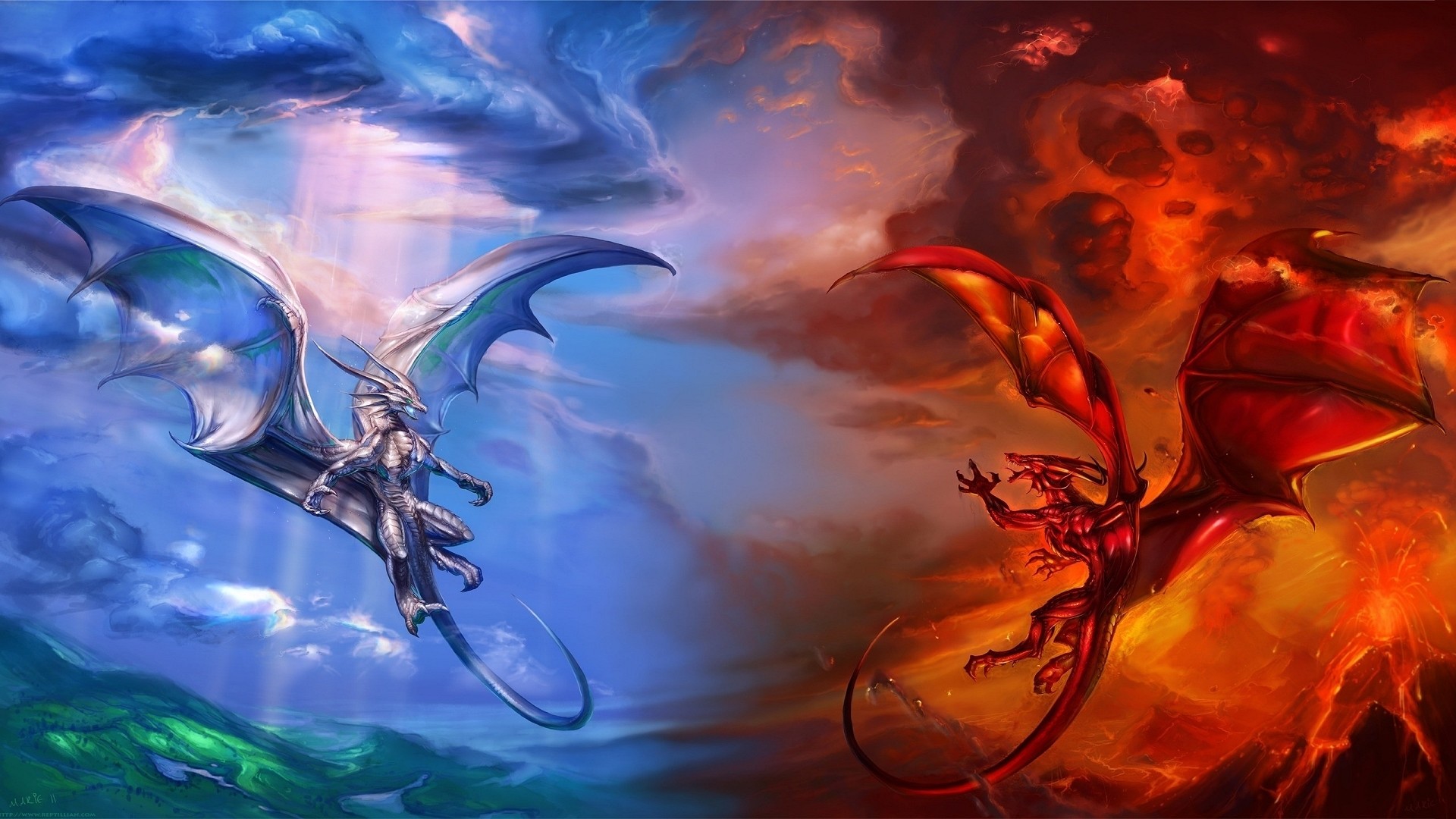 Draghi, Ghiaccio e fuoco, Fantasy, 16:9 Full HD, sfondo widescreen