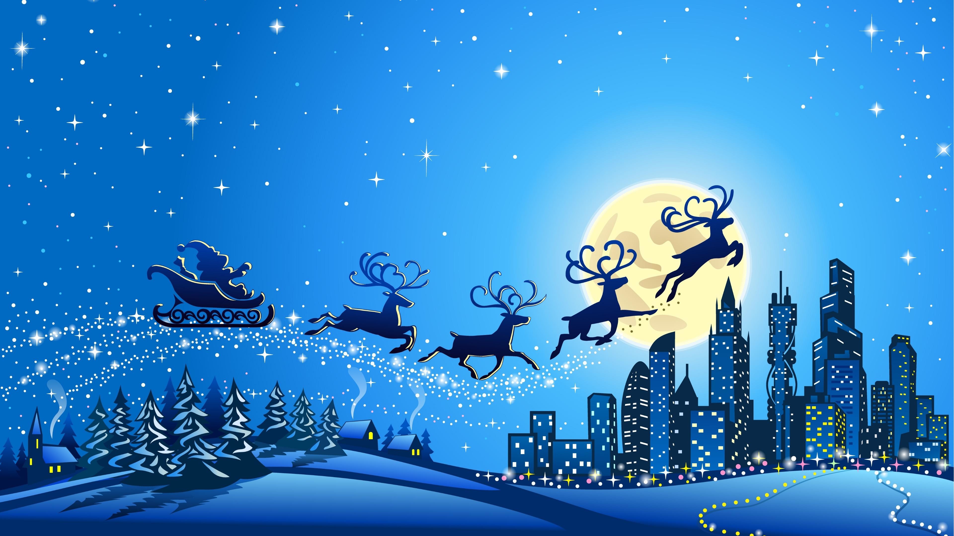Slitta di Babbo Natale, Renne, Luna piena, Città, Notte blu, 4K, sfondo per PC