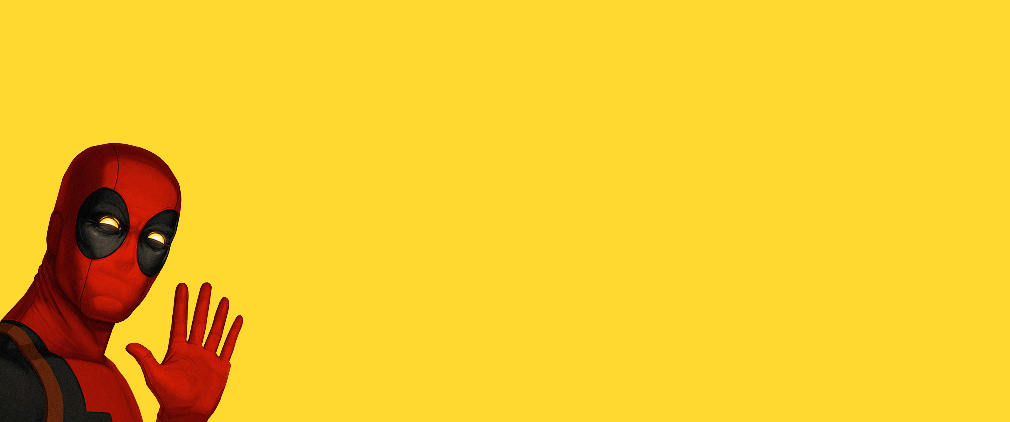 Deadpool, Sfondo giallo, Saluto, 3440x1440, wallpaper desktop
