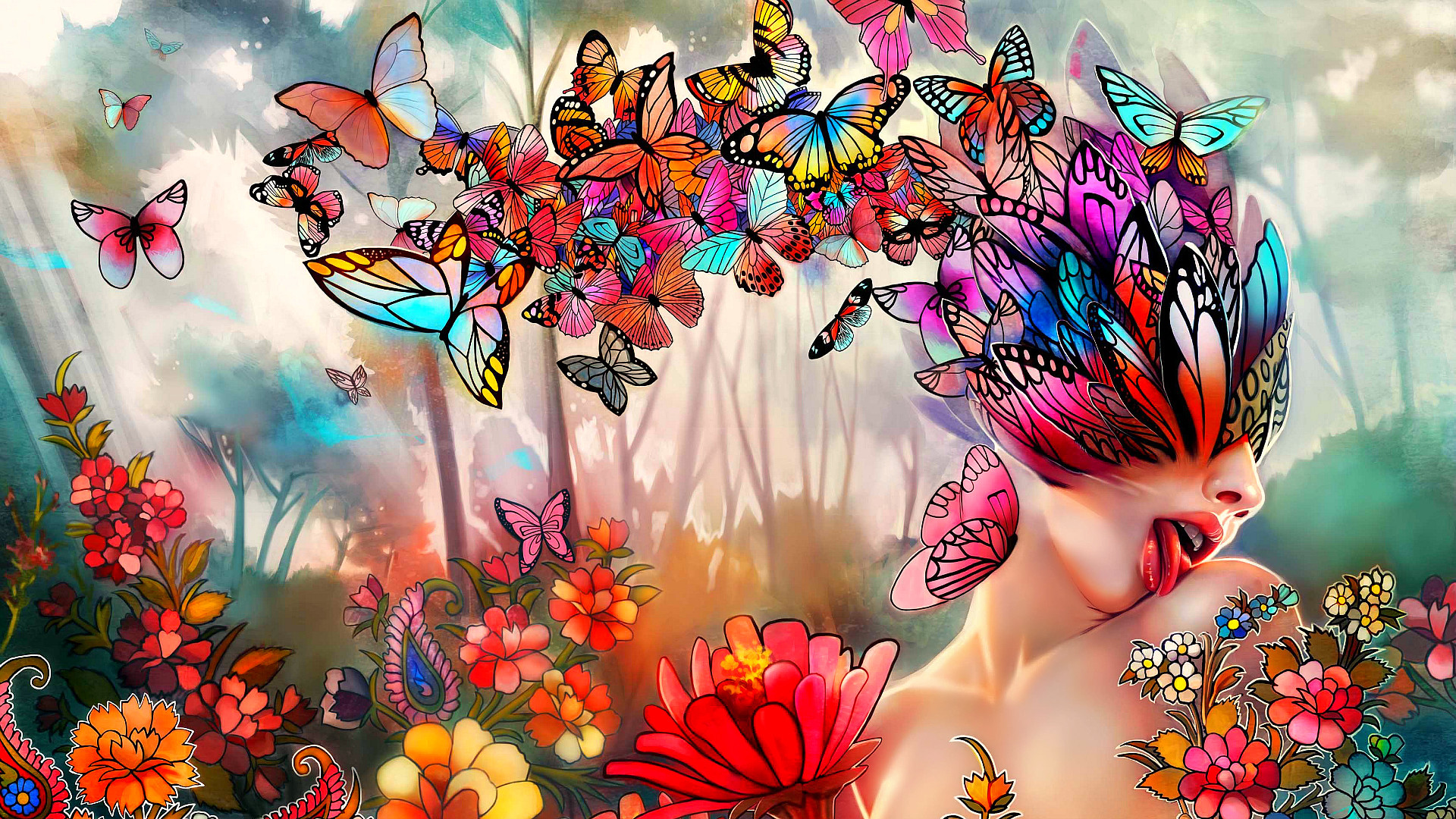 Farfalle colorate, Donna, Arte fantasy, Fiori, Full HD, sfondo per PC e portatile