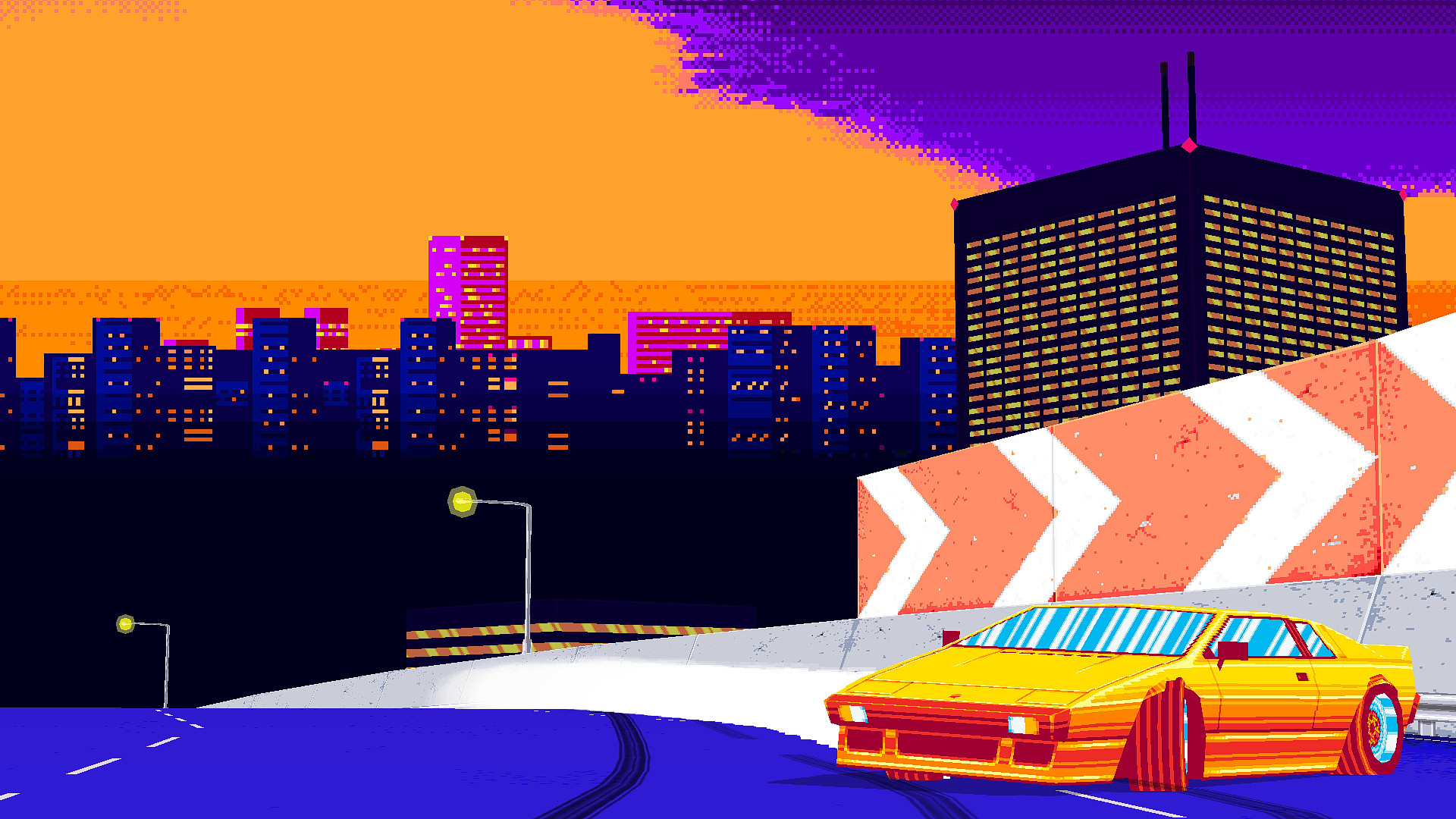 Pixel art, Auto sportiva gialla, Città, Tramonto, Strada, Full HD, sfondo per portatile