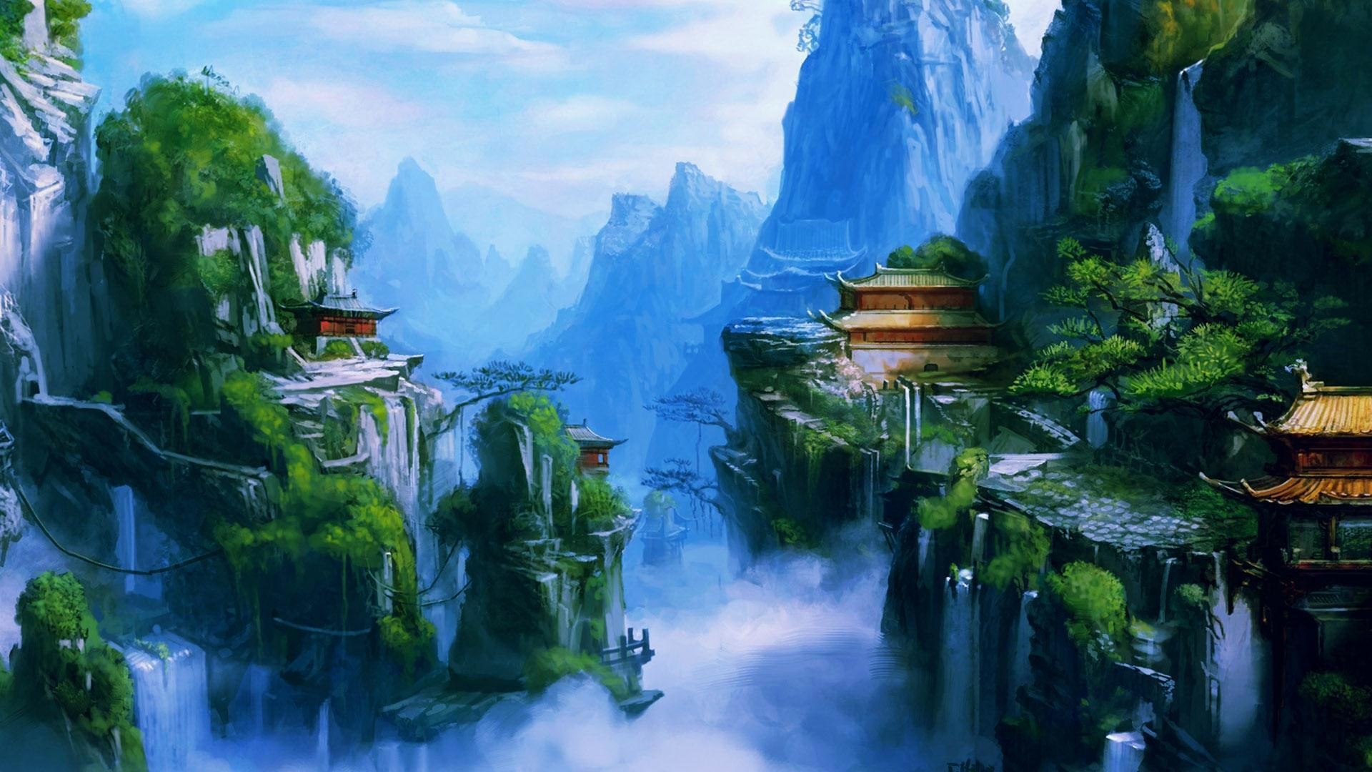 Montagne fantasy, Pagode, Cascate, Nebbia, Arte digitale, Paesaggio cinese, sfondo desktop Full HD