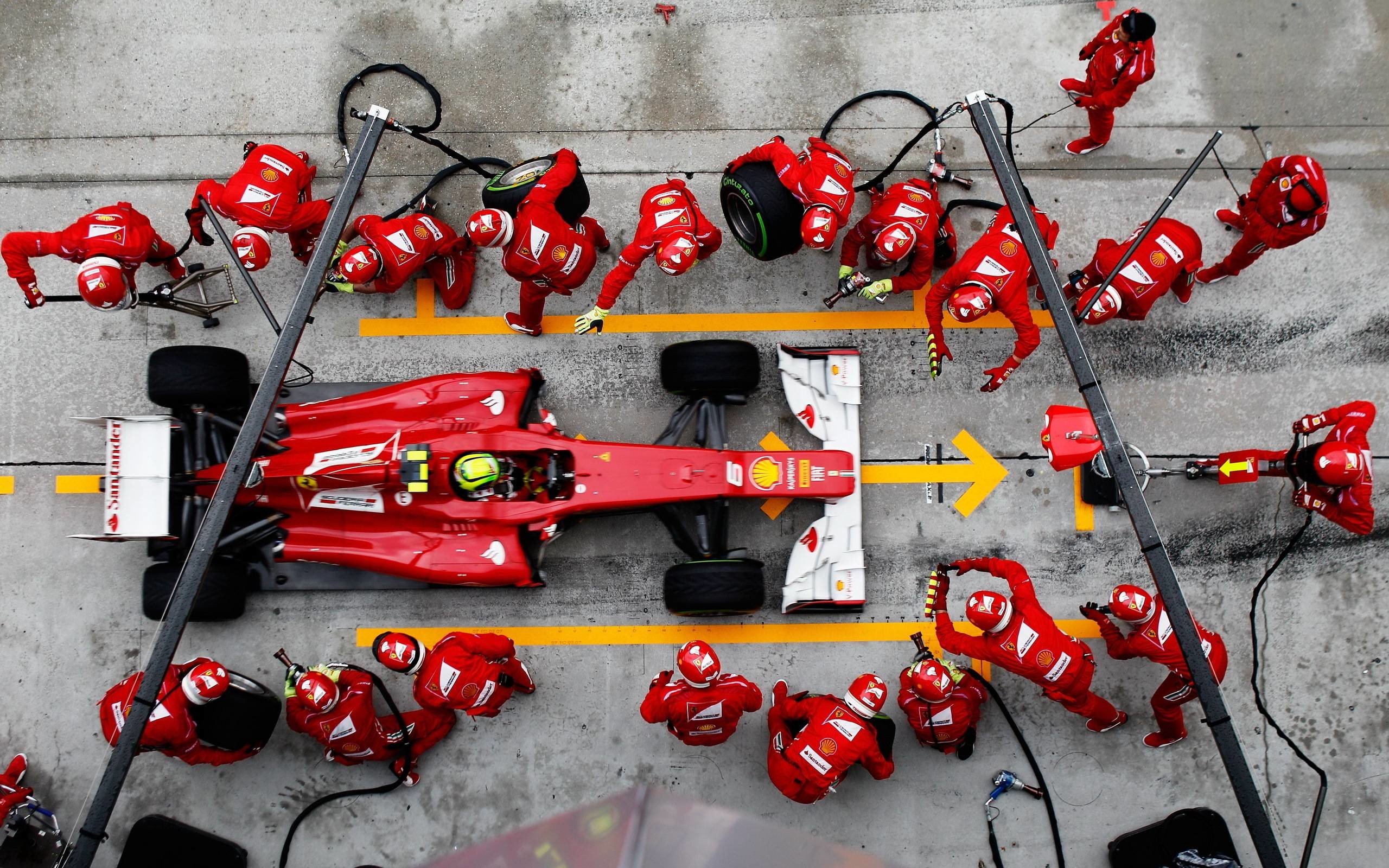 Scuderia Ferrari, Pit stop, Meccanici, Formula 1, Vista dall'alto, sfondo desktop 2560x1600