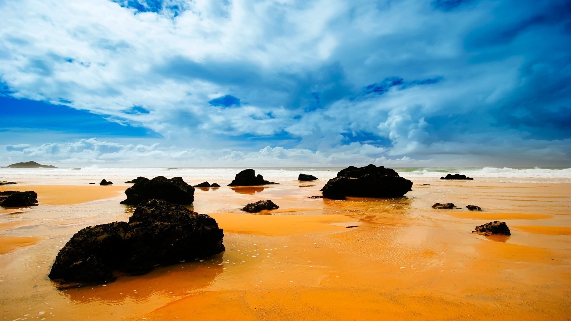 Spiaggia, Scogli, Nuvole, Cielo blu, 16:9 Full HD, sfondo widescreen