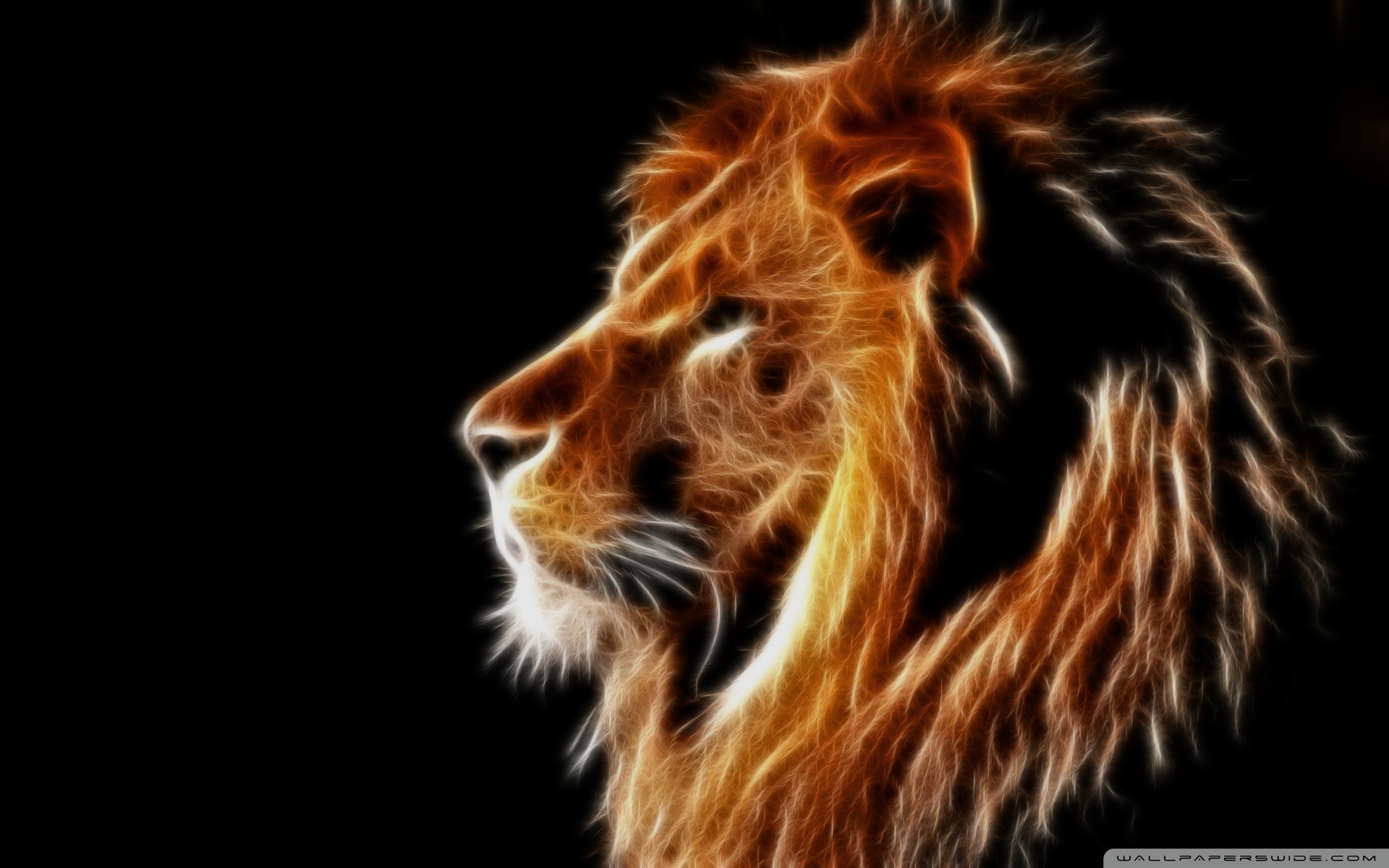 Leone, Arte frattale, Profilo, Sfondo nero, Full HD, wallpaper per portatile