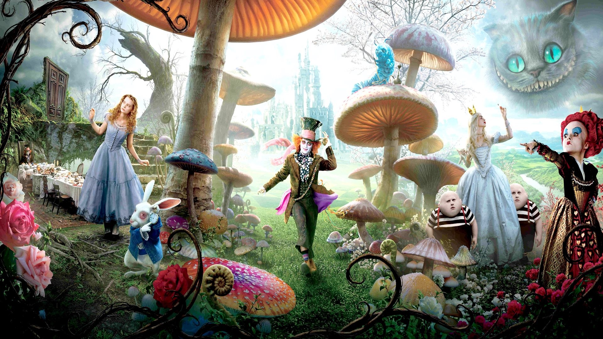 Alice in Wonderland (2010), Mia Wasikowska, Cappellaio Matto, Stregatto, Bianconiglio, Funghi giganti, wallpaper desktop