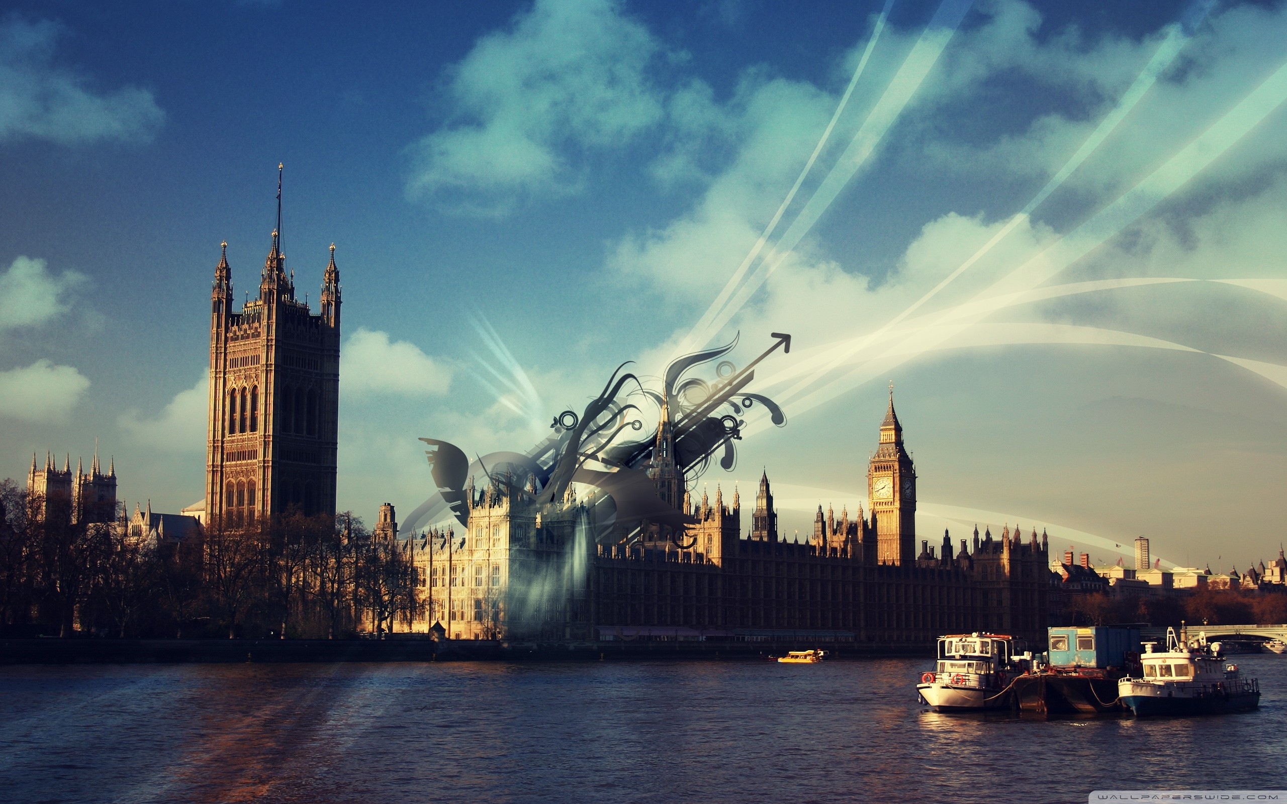Palazzo di Westminster, Victoria Tower, Big Ben, Tamigi, Londra, Arte digitale, sfondo 1600p
