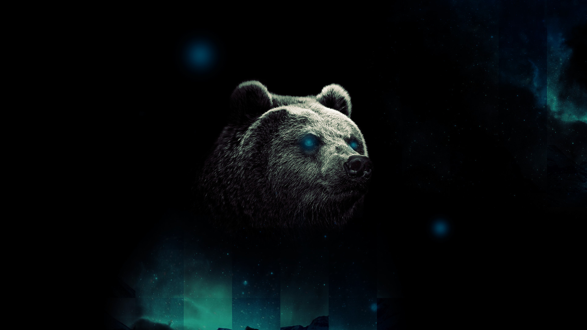 Orso, Sfondo scuro, Occhi luminosi, Arte digitale, Full HD, wallpaper per computer