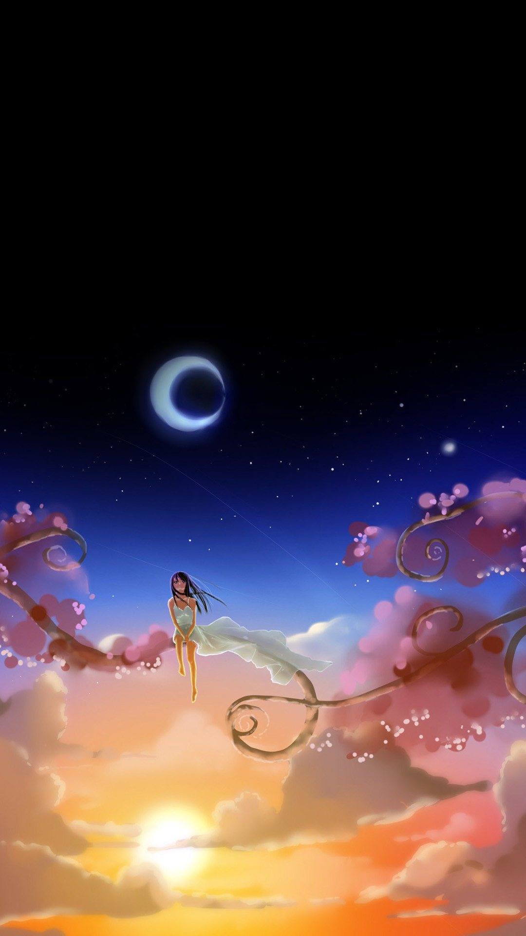 Luna crescente, Ragazza, Nuvole, Tramonto, Illustrazione, wallpaper per iPhone e Android