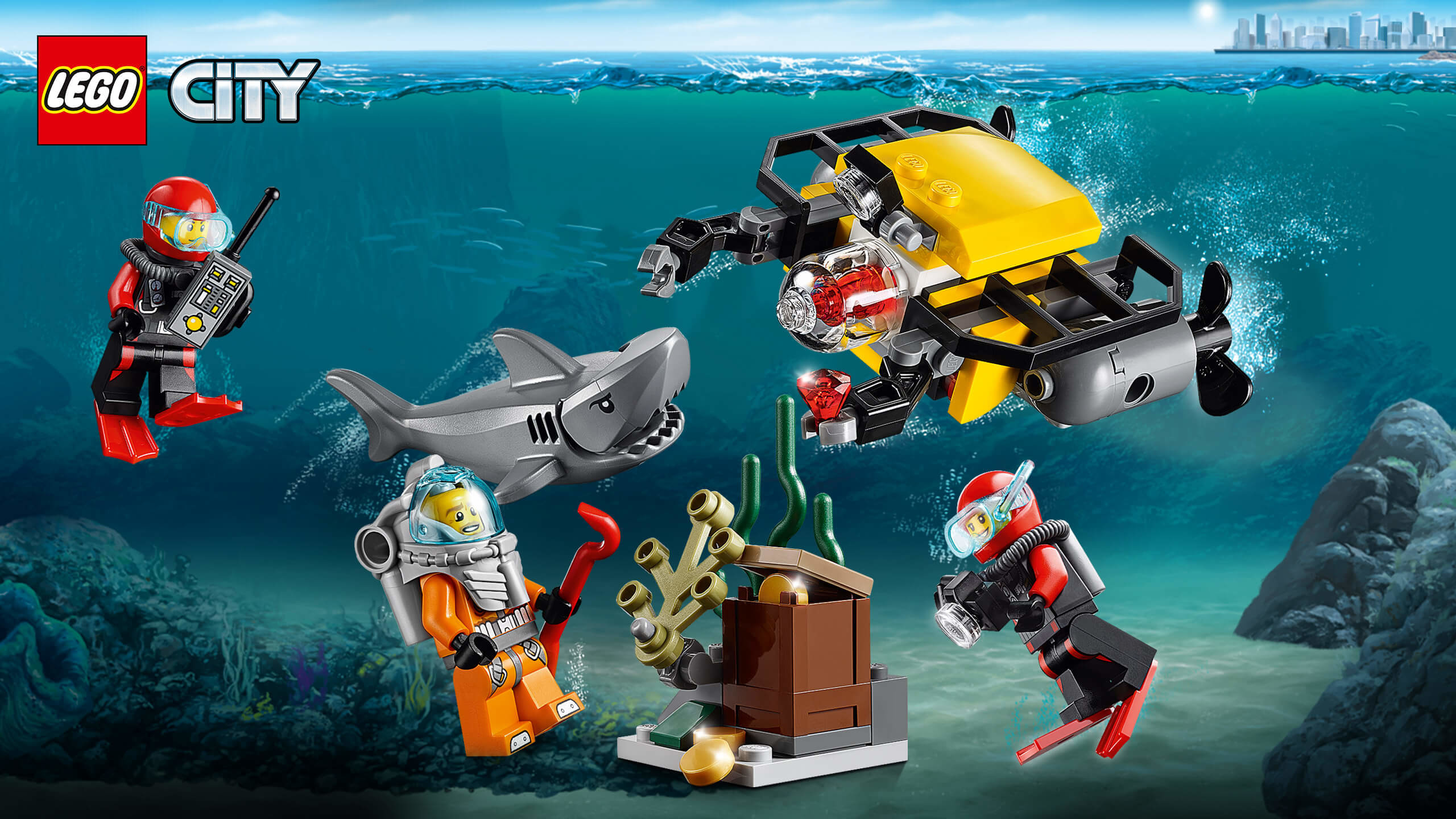 LEGO City, Sommozzatori, Squalo, Sott'acqua, 16:9 2K, sfondo widescreen