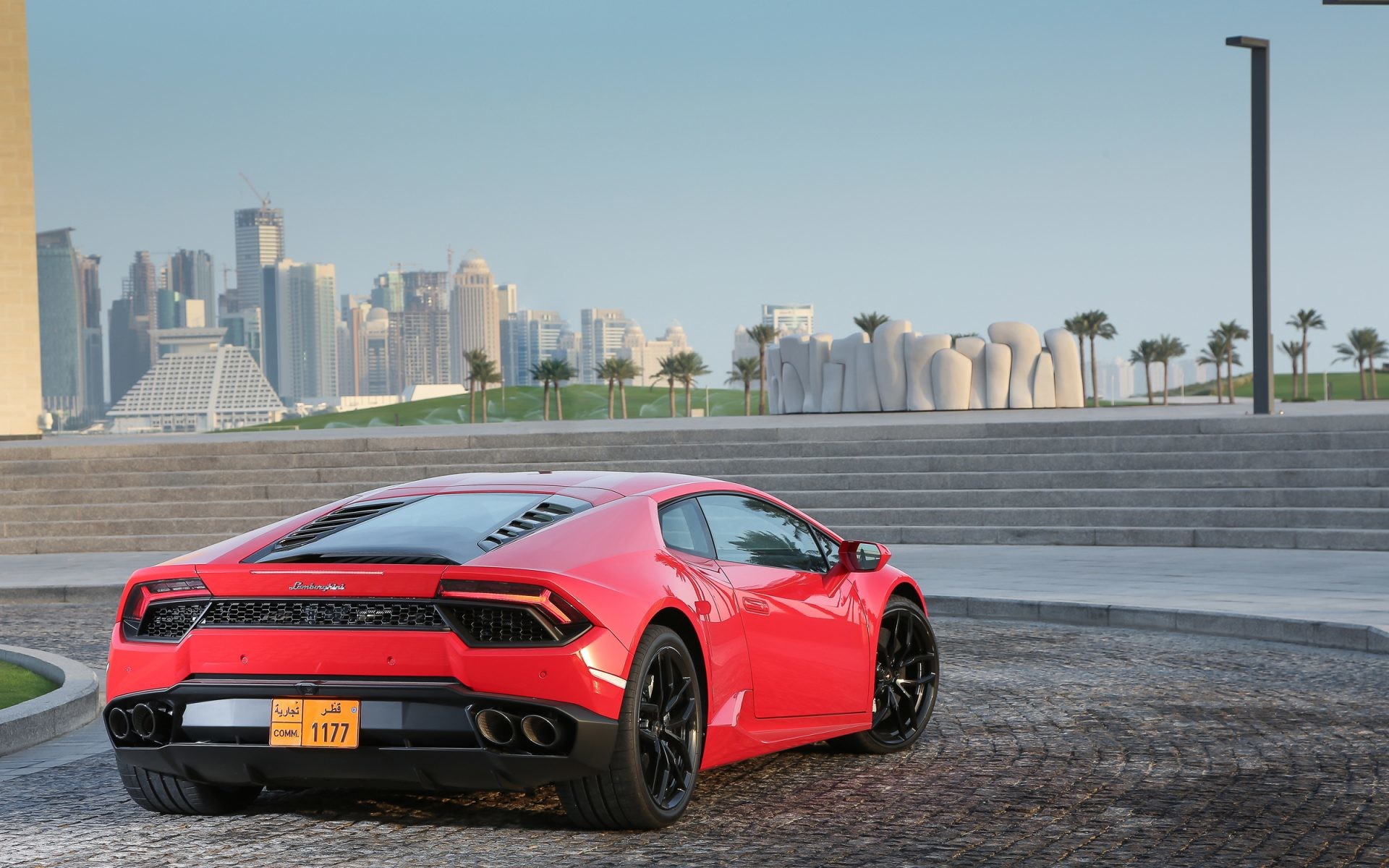 Lamborghini Huracán LP 580-2, Rosso, Doha, Skyline, 1920x1200, sfondo MacBook Pro