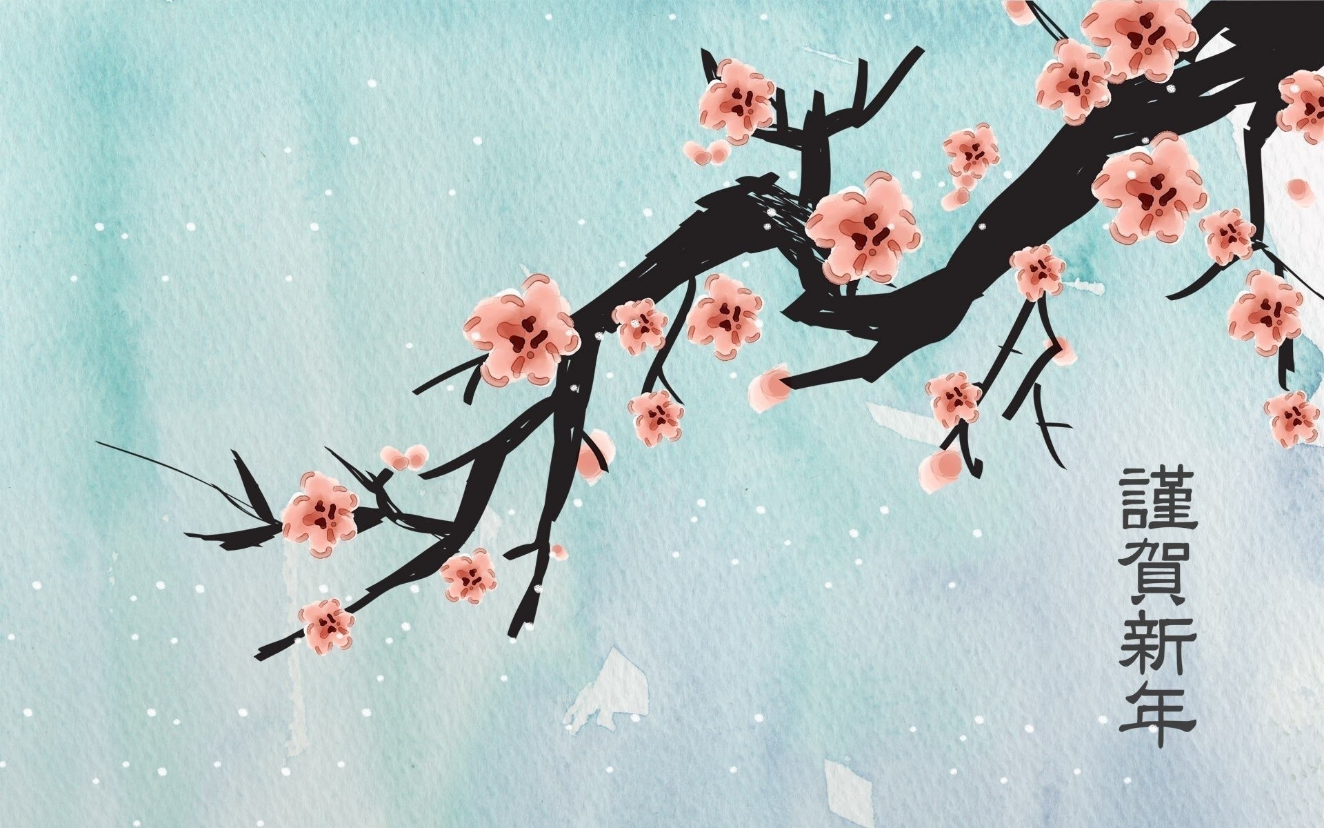 Fiori di pruno, Ramo, Kanji, Capodanno giapponese, Azzurro, 1920x1200, immagine di sfondo