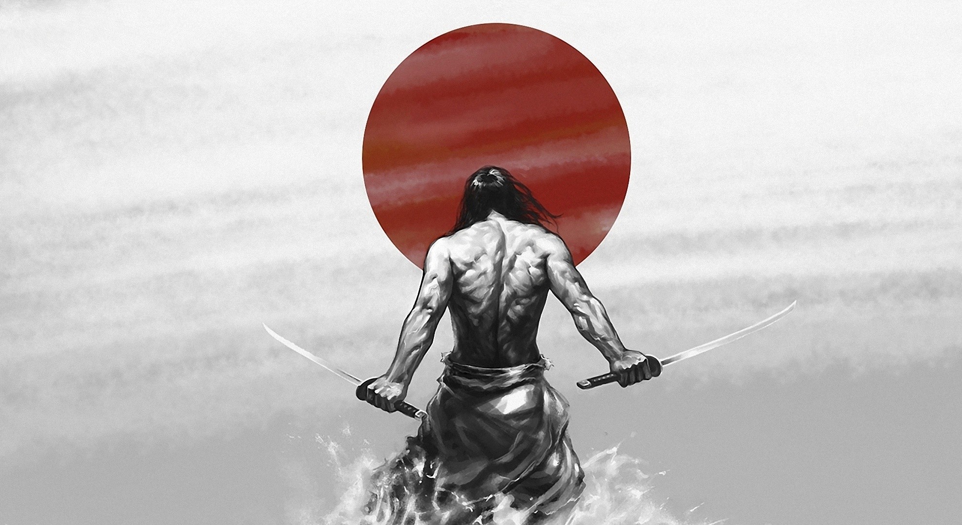 Ronin, Due katane, Sole rosso, Bianco e nero, Full HD, wallpaper desktop