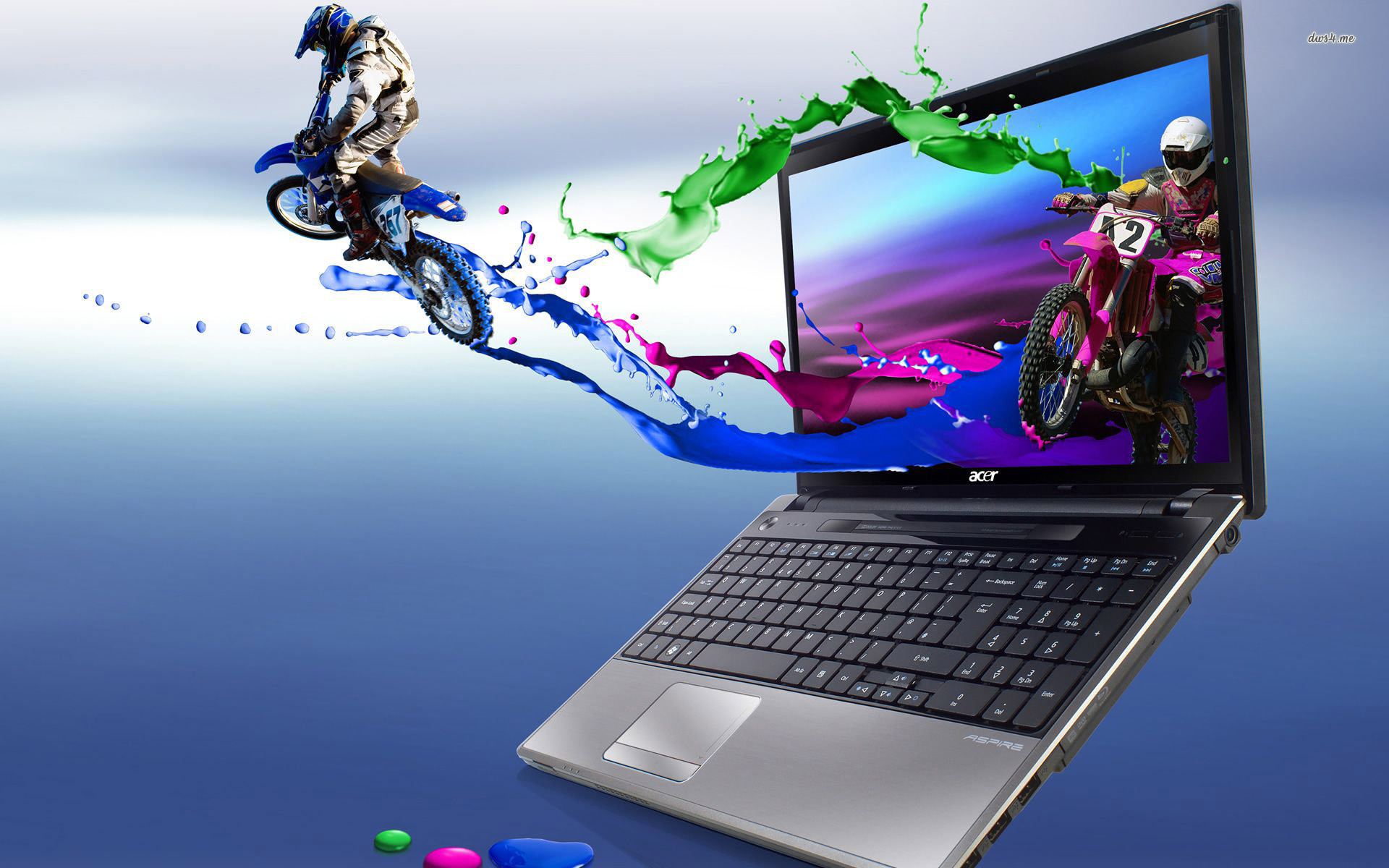 Laptop, Motocross, Schizzi di vernice, Arte 3D, sfondo computer