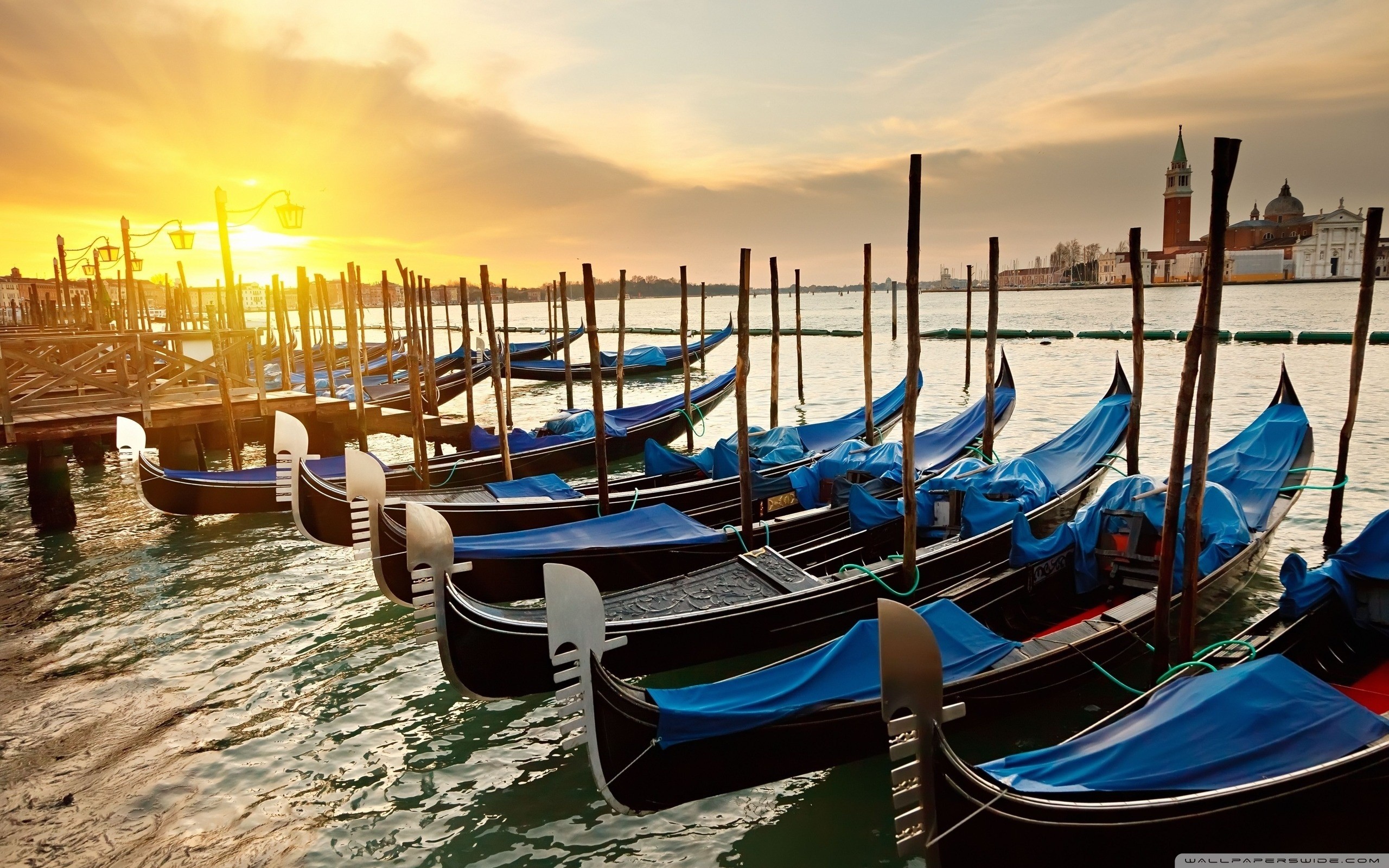 Gondole, San Giorgio Maggiore, Venezia, Tramonto, 2K 1600p, sfondo desktop