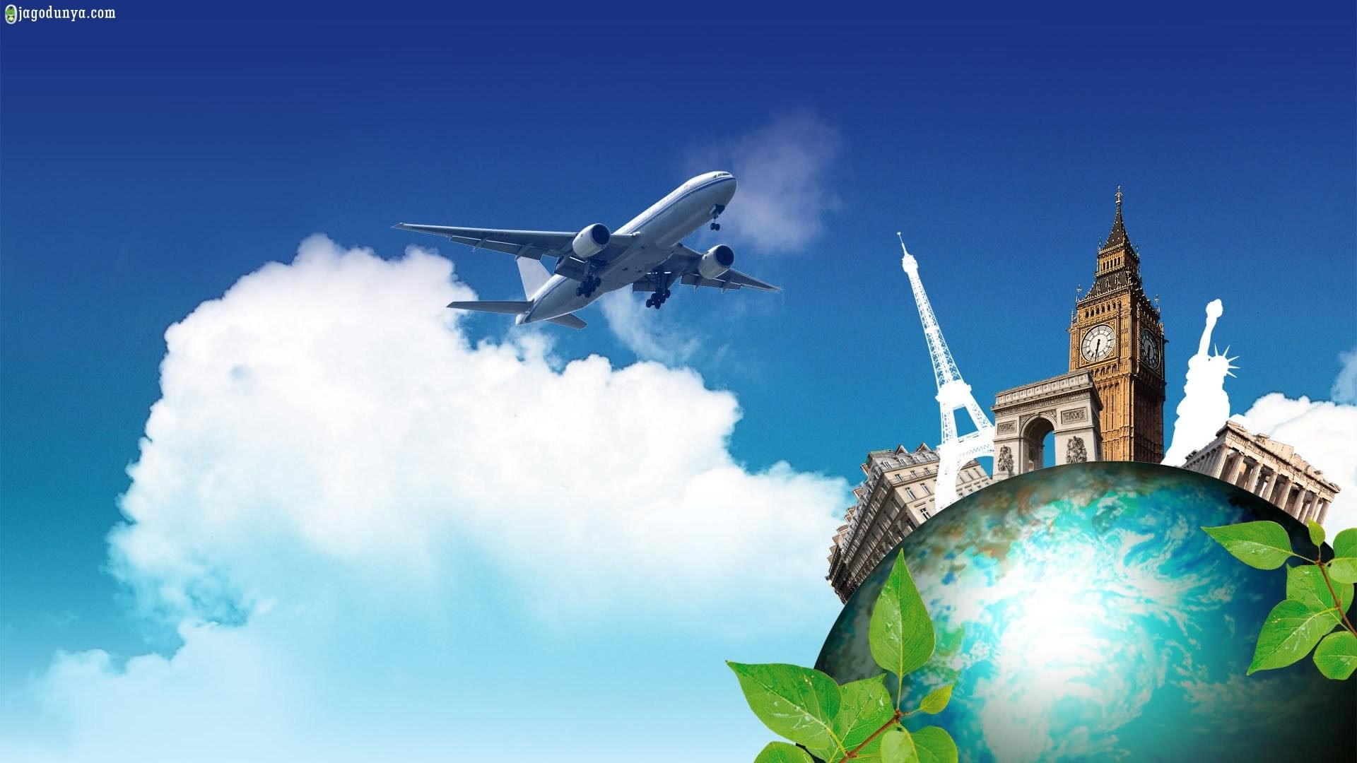 Aereo, Big Ben, Torre Eiffel, Globo, Nuvole, 16:9 Full HD, wallpaper widescreen
