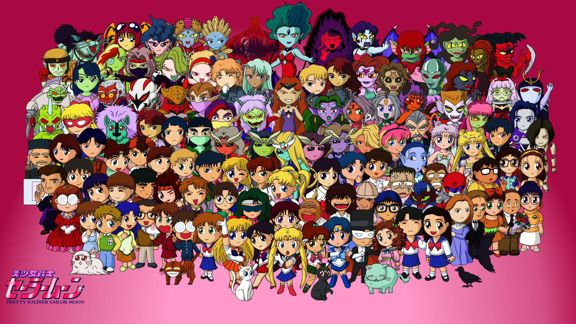 Sailor Moon, Personaggi, Chibi, Sfondo rosa, Full HD, wallpaper per computer