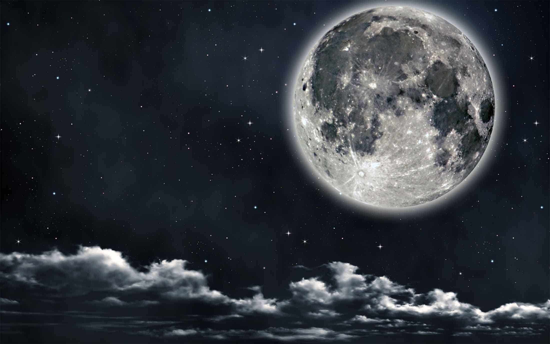 Luna piena, Nuvole, Notte, Cielo stellato, Full HD, wallpaper per computer